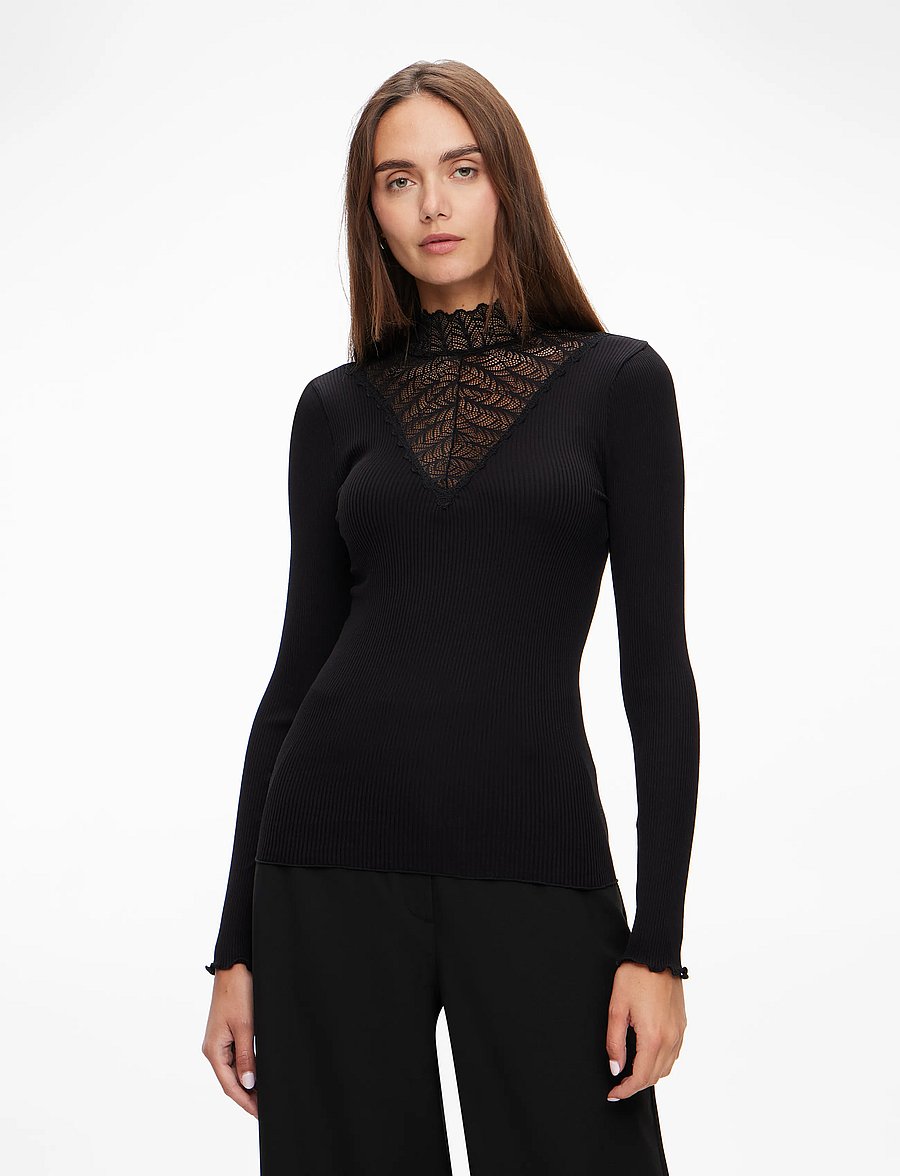 Rosemunde - RWBeatha Silk LS Lace T-shirt - långärmade toppar - black - 0