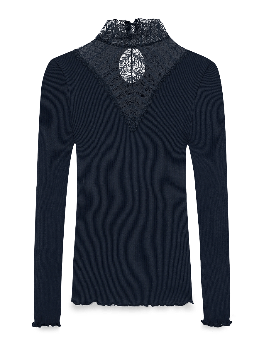 Rosemunde - RWBeatha Silk LS Lace T-shirt - langärmlige tops - navy - 1