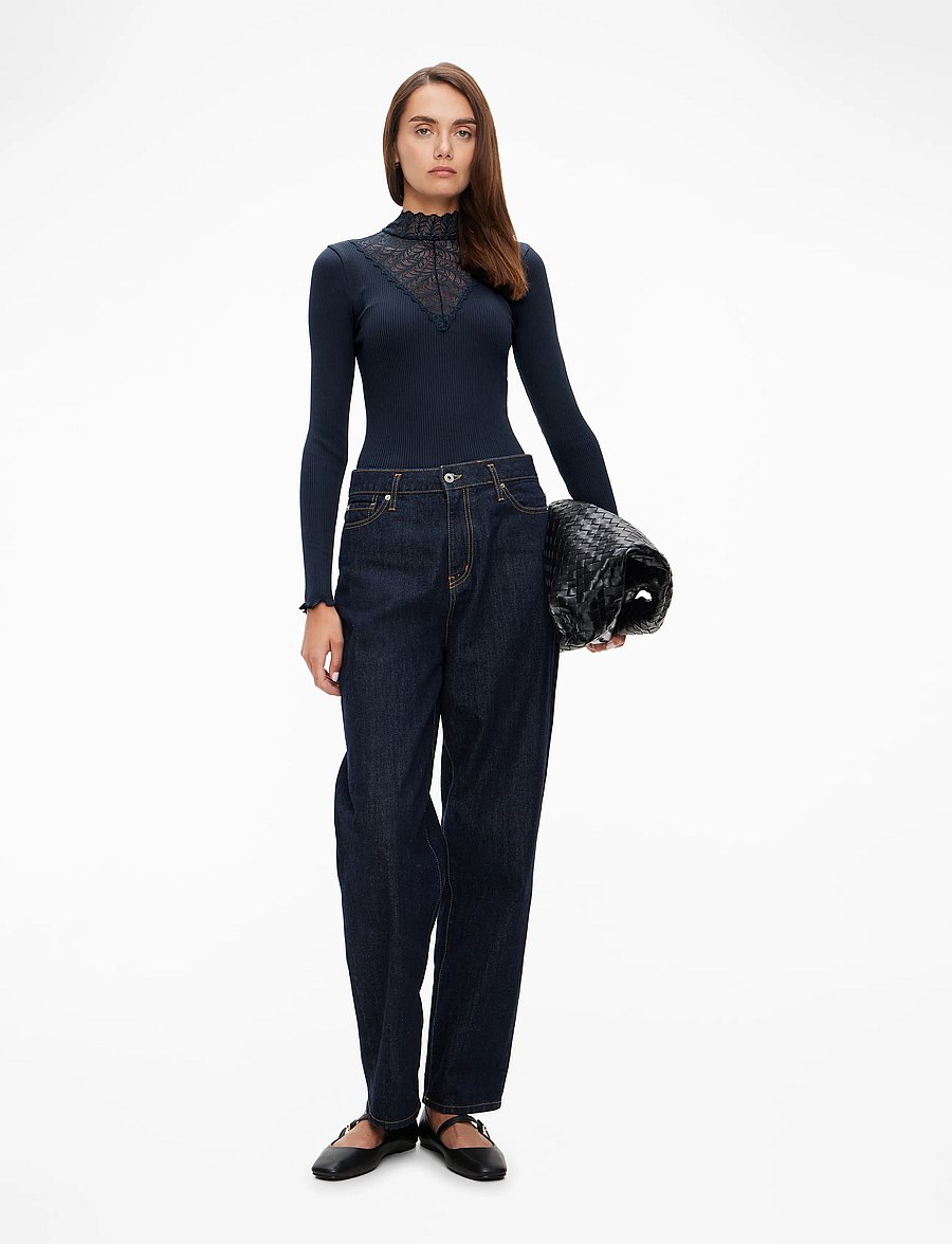 Rosemunde - RWBeatha Silk LS Lace T-shirt - langärmlige tops - navy - 2