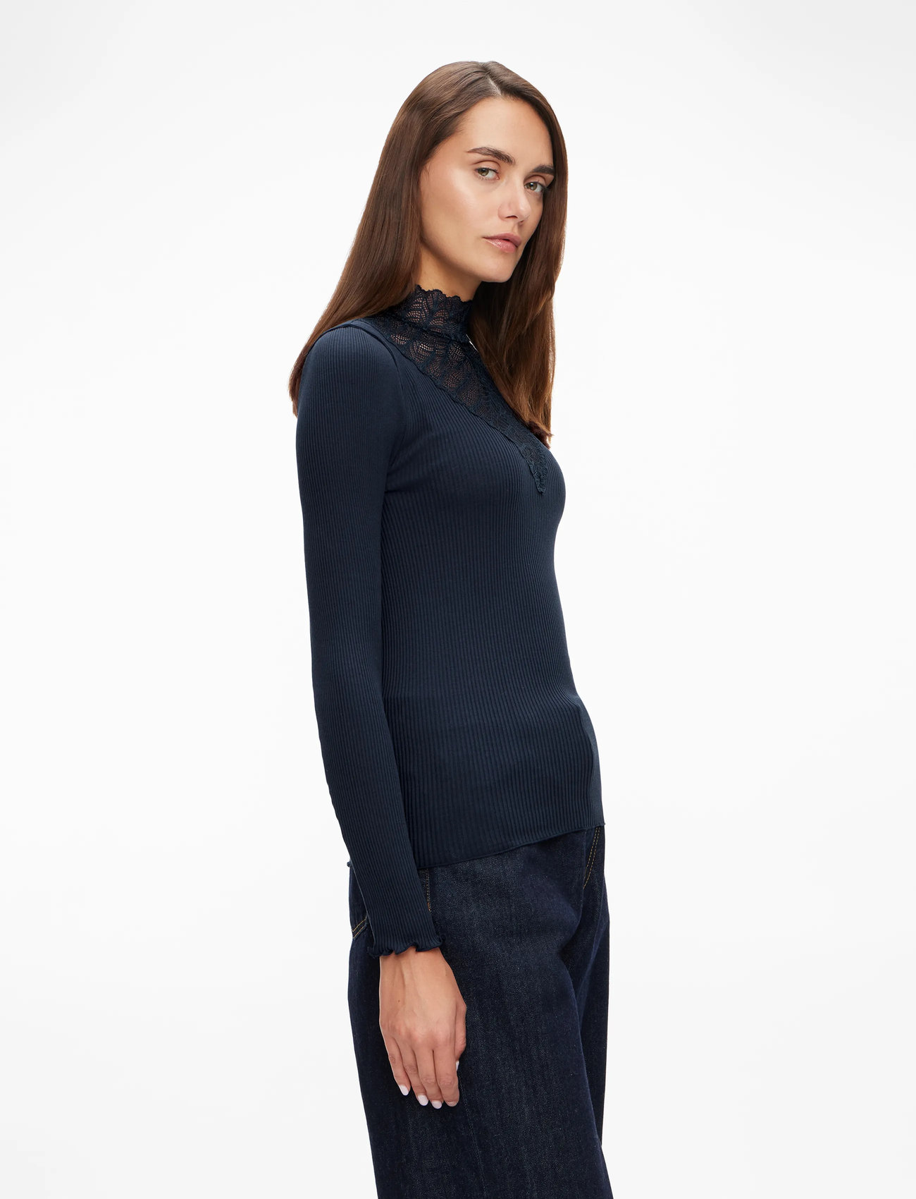 Rosemunde - RWBeatha Silk LS  Lace T-shirt - langärmlige tops - navy - 3