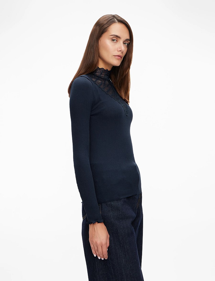 Rosemunde - RWBeatha Silk LS Lace T-shirt - langärmlige tops - navy - 3