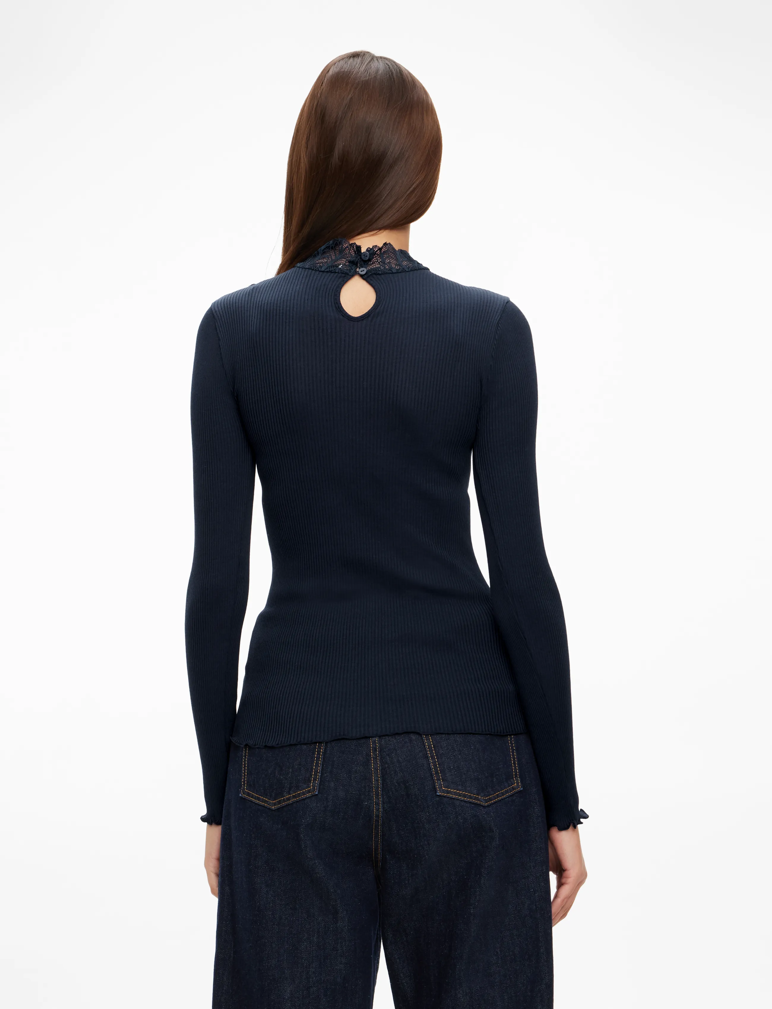 Rosemunde - RWBeatha Silk LS  Lace T-shirt - langärmlige tops - navy - 4