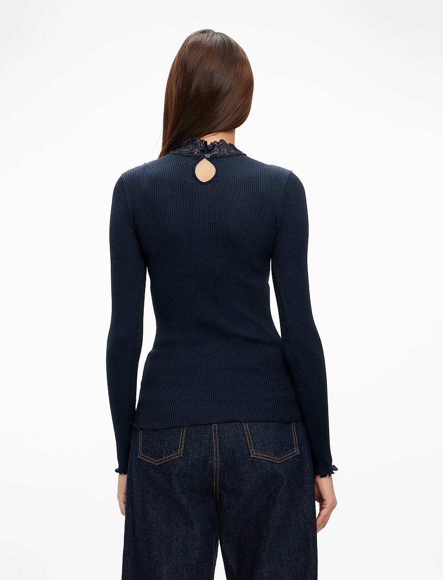 Rosemunde - RWBeatha Silk LS Lace T-shirt - langärmlige tops - navy - 4