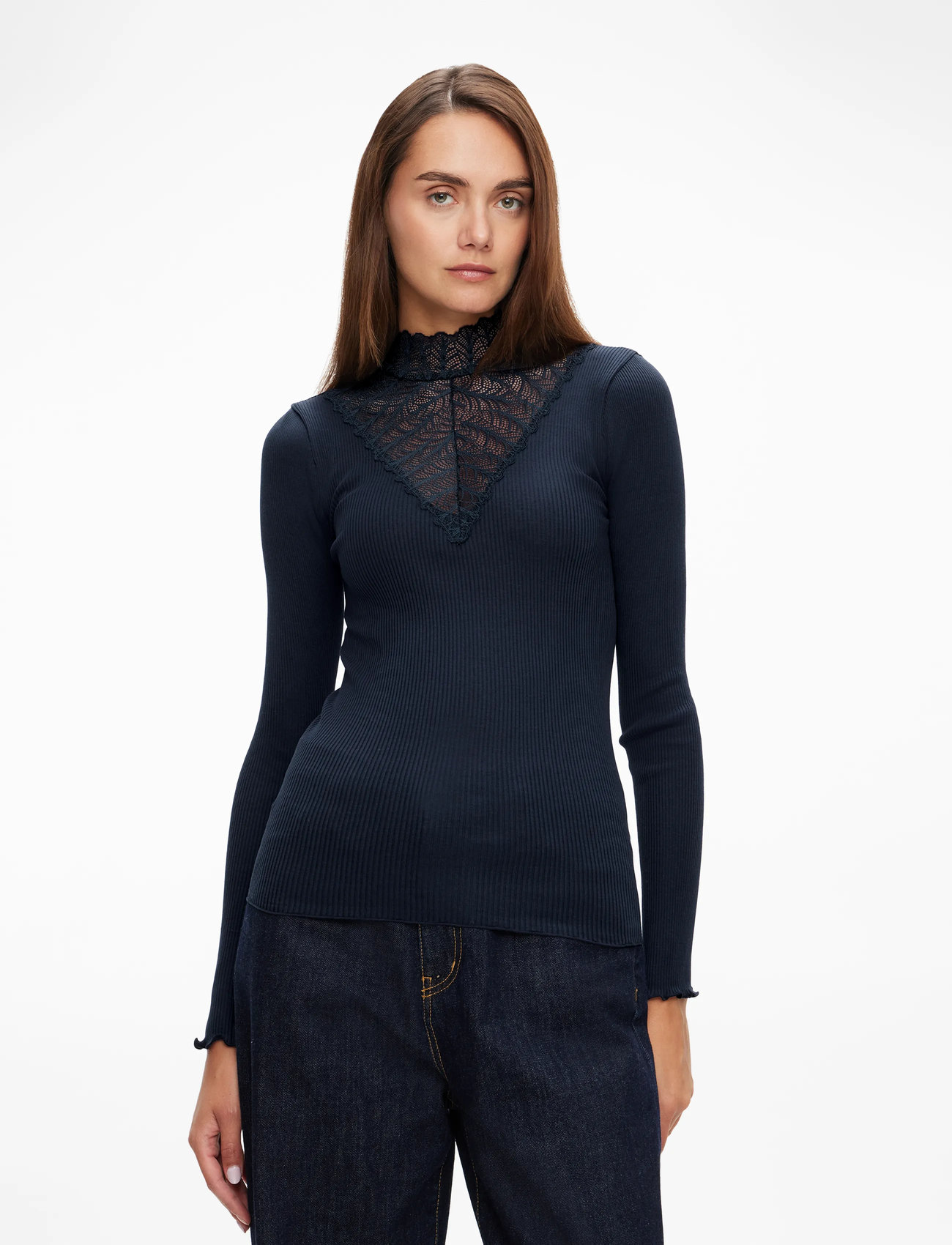 Rosemunde - RWBeatha Silk LS  Lace T-shirt - langärmlige tops - navy - 0