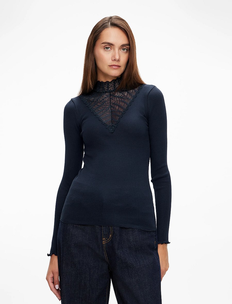 Rosemunde - RWBeatha Silk LS Lace T-shirt - langärmlige tops - navy - 0