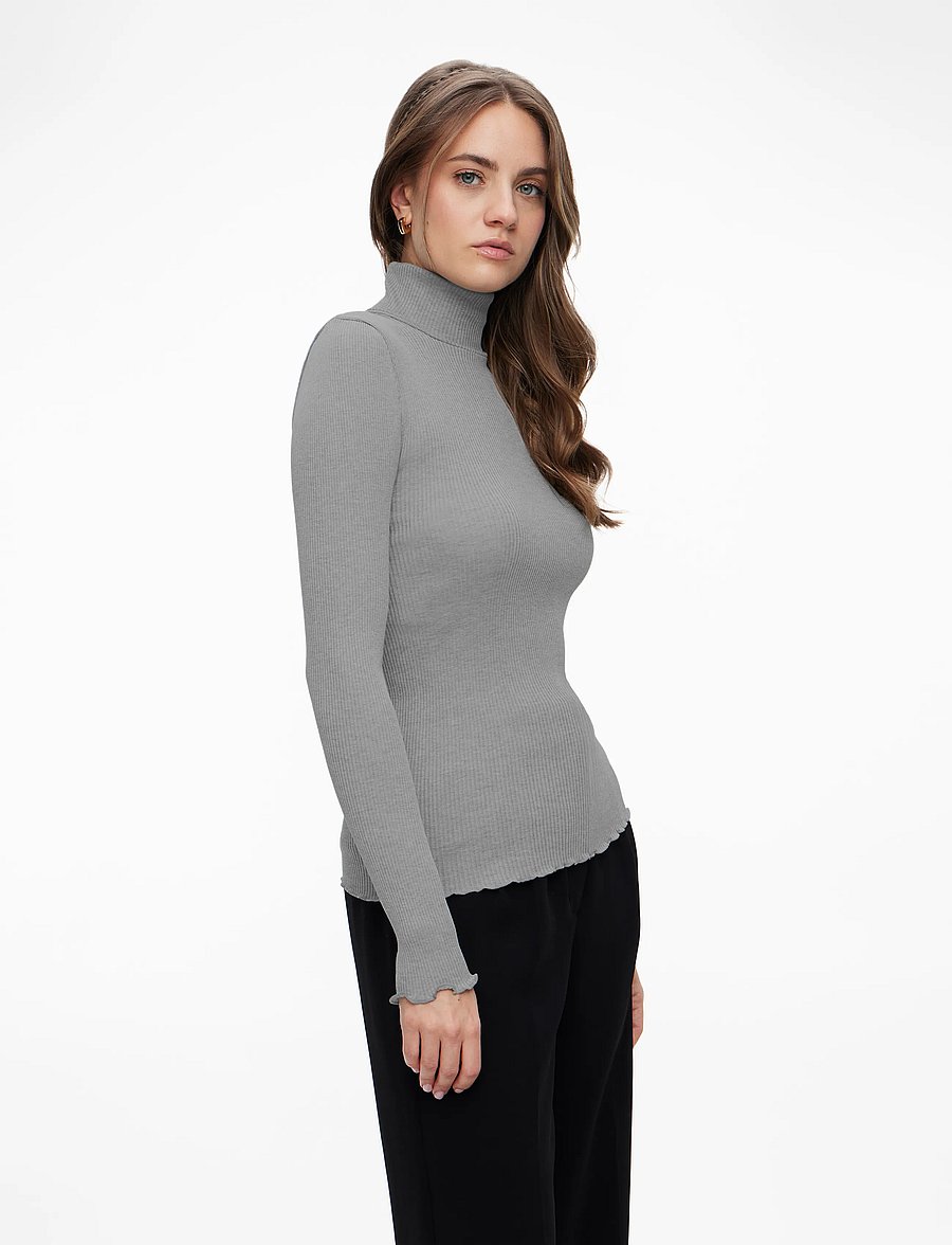 Rosemunde - RWBeatha Silk LS Rollneck T-shirt - långärmade toppar - light grey melange - 3