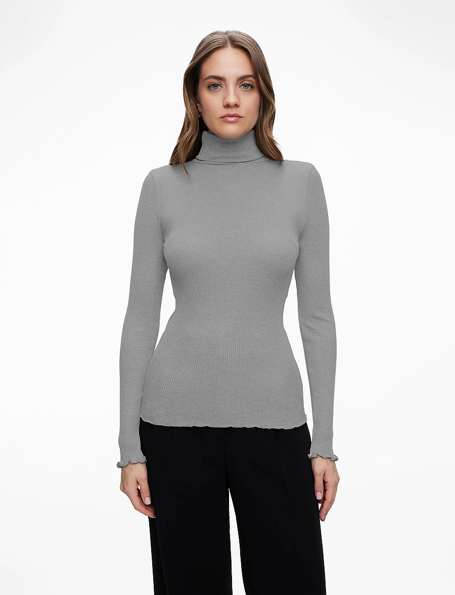 Rosemunde - RWBeatha Silk LS Rollneck T-shirt - långärmade toppar - light grey melange - 0