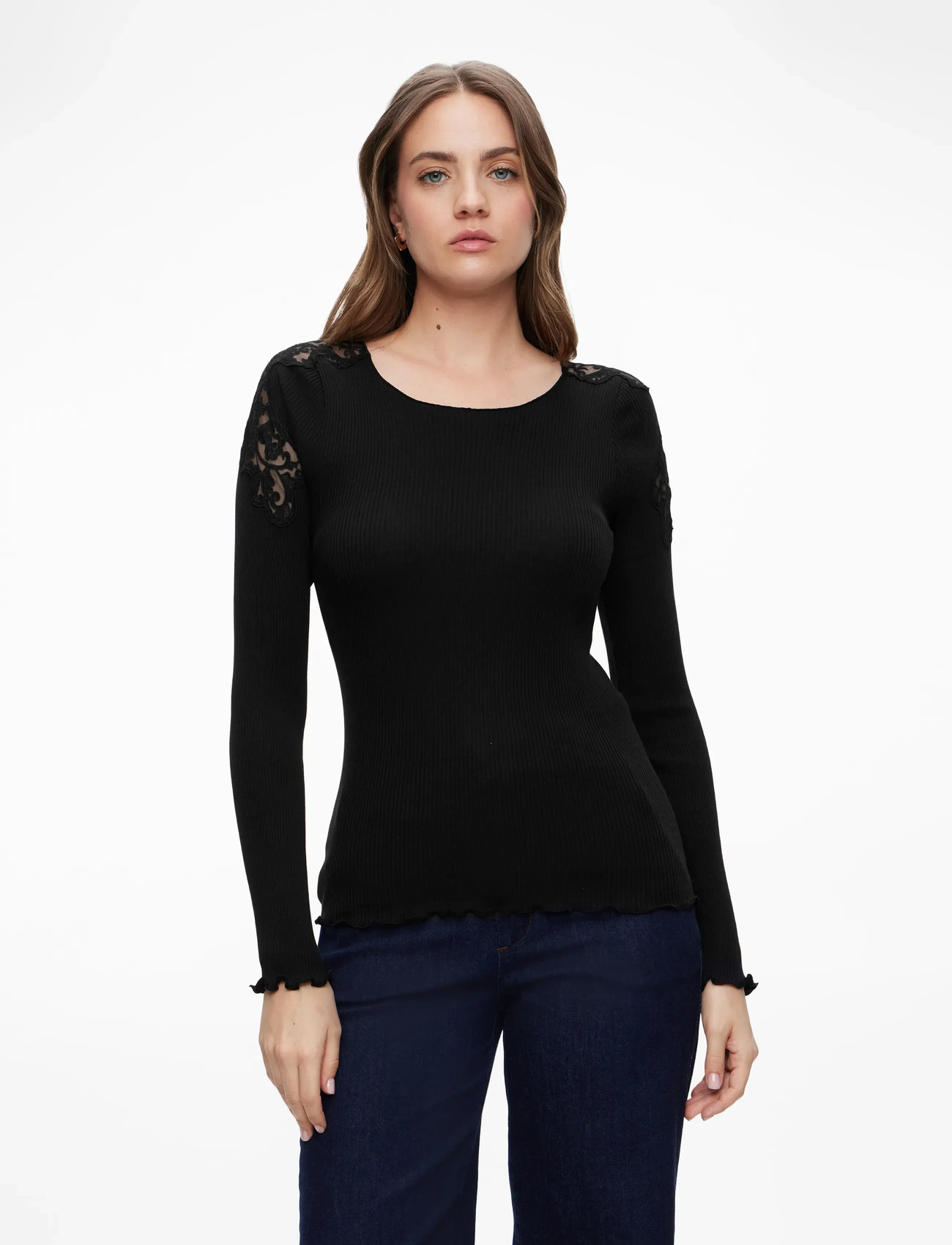 Rosemunde - RWBaybay LS Lace T-shirt - long-sleeved tops - black - 0