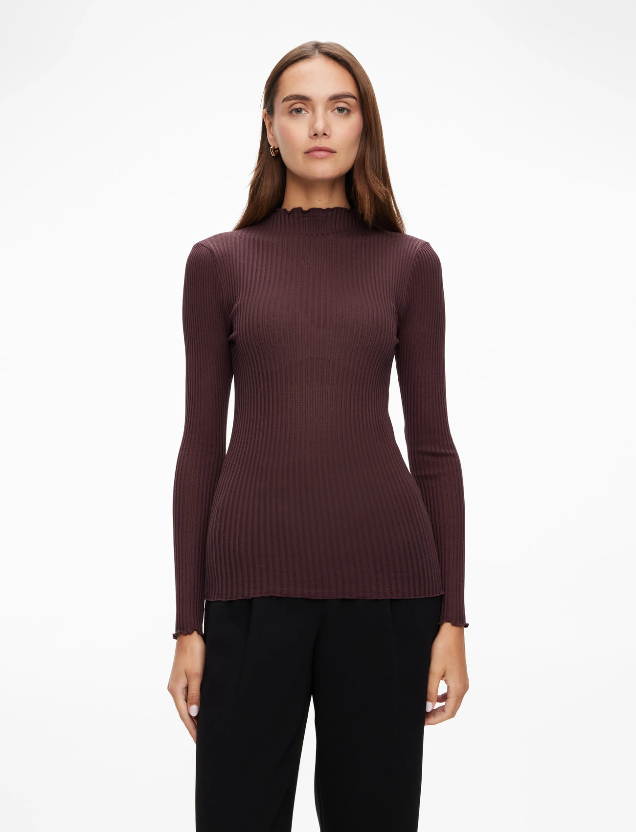 Rosemunde - RWBelize Silk LS  T-neck T-shirt - långärmade toppar - fudge - 0