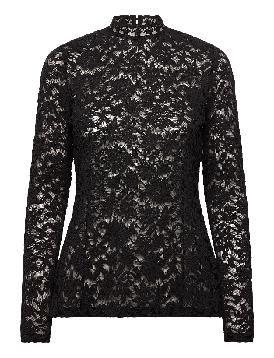 Rosemunde - RWDelicia Lace LS T-neck T-shirt - long-sleeved tops - black - 1