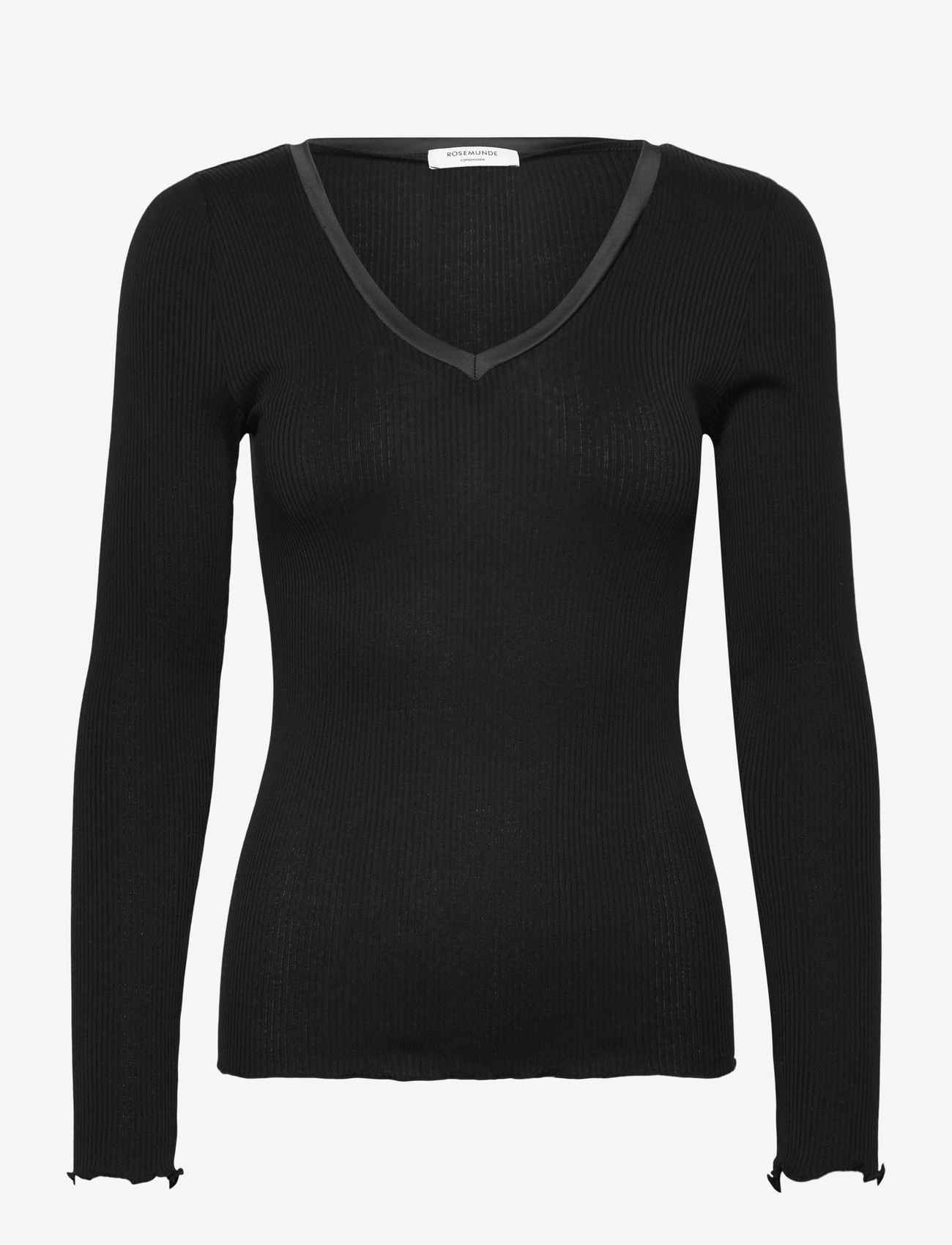 Rosemunde - RWBeatha Silk V-Neck Satin Tape T-s - long-sleeved tops - black - 0