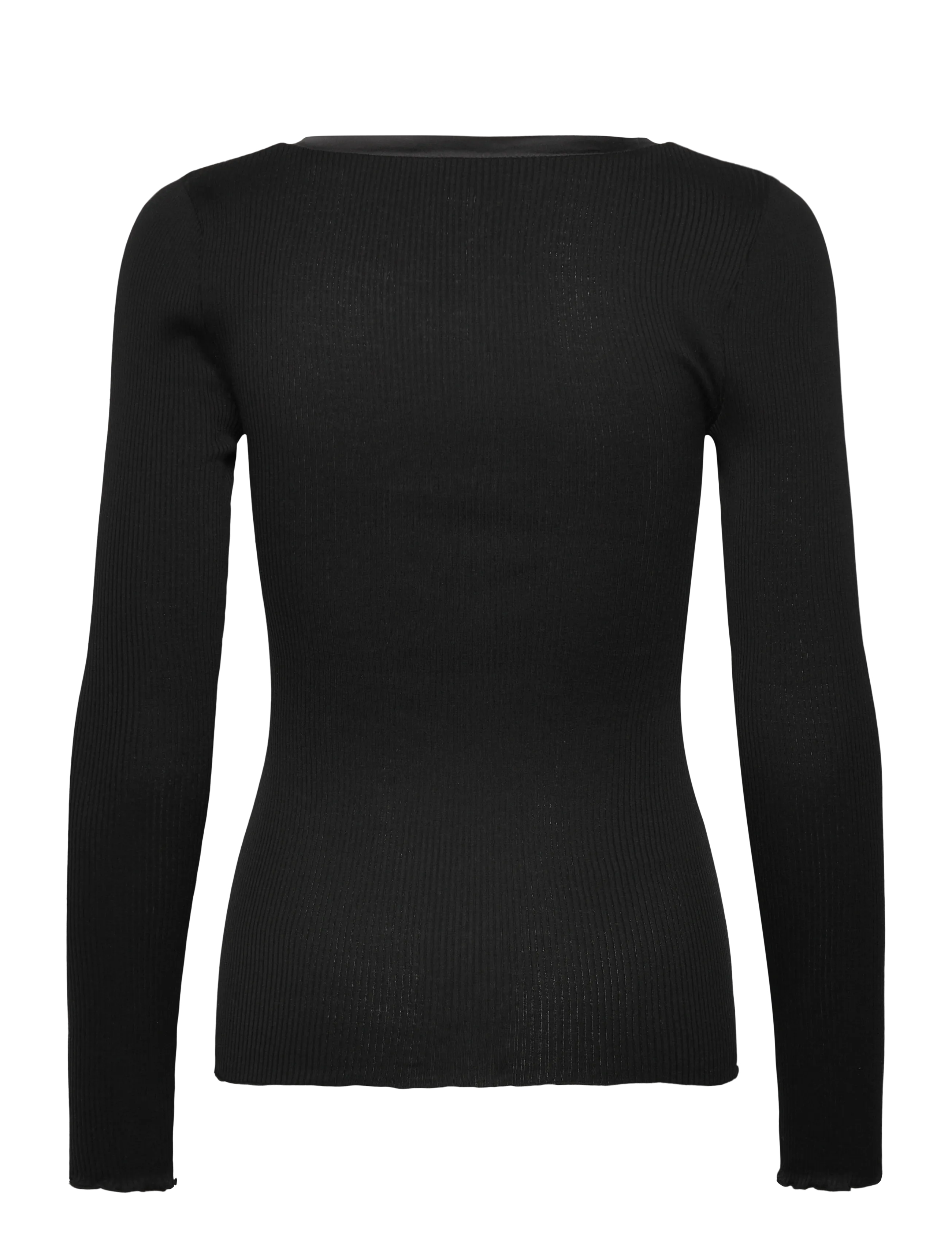 Rosemunde - RWBeatha Silk V-Neck Satin Tape T-s - langärmlige tops - black - 1