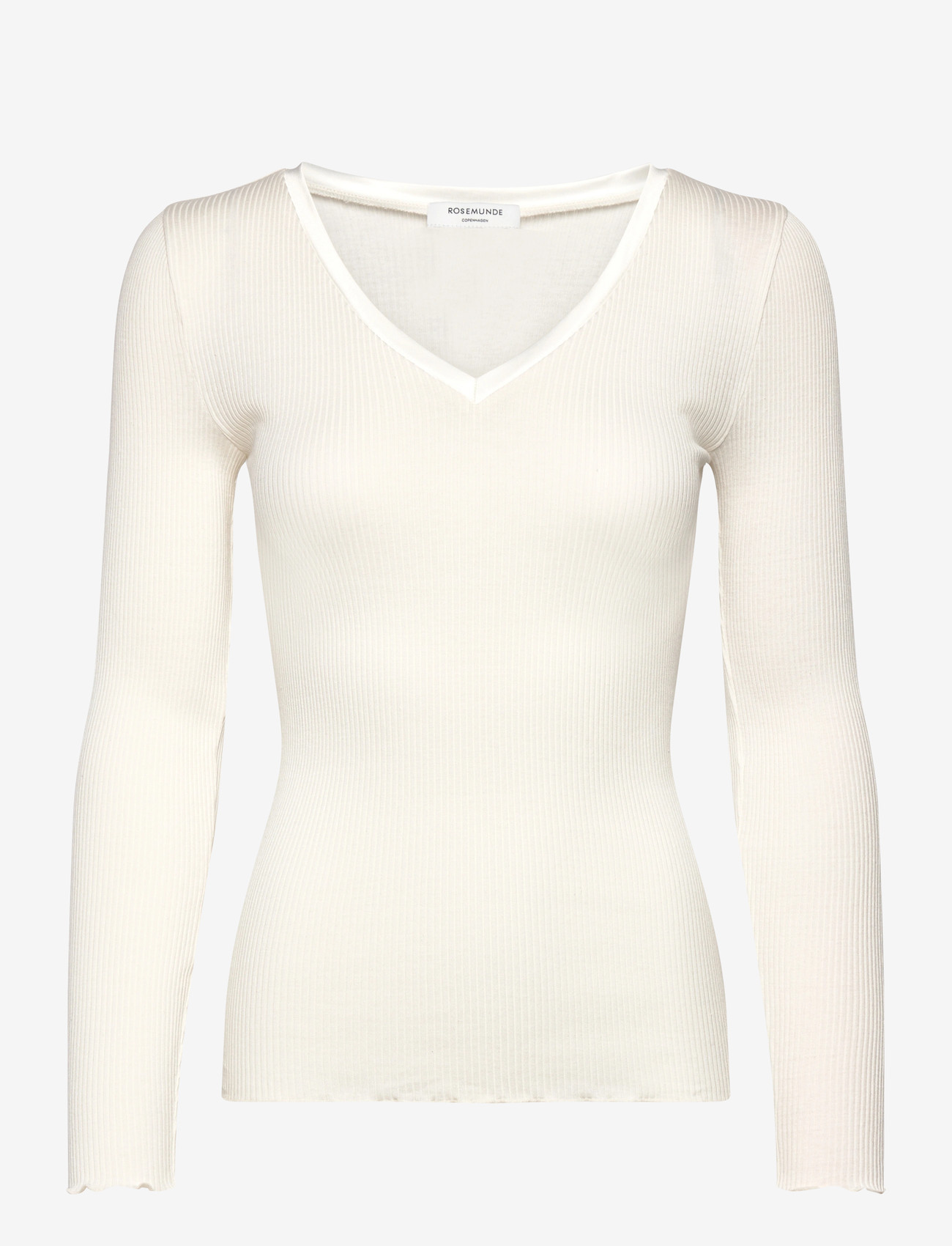 Rosemunde - RWBeatha Silk V-Neck Satin Tape T-s - langærmede toppe - ivory - 1