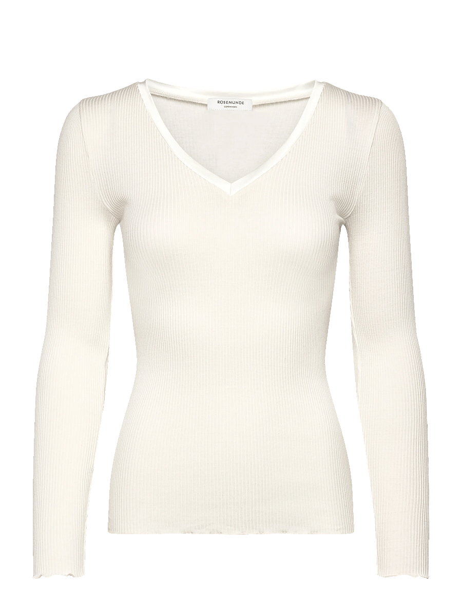 Rosemunde - RWBeatha Silk V-Neck Satin Tape T-s - long-sleeved tops - ivory - 1