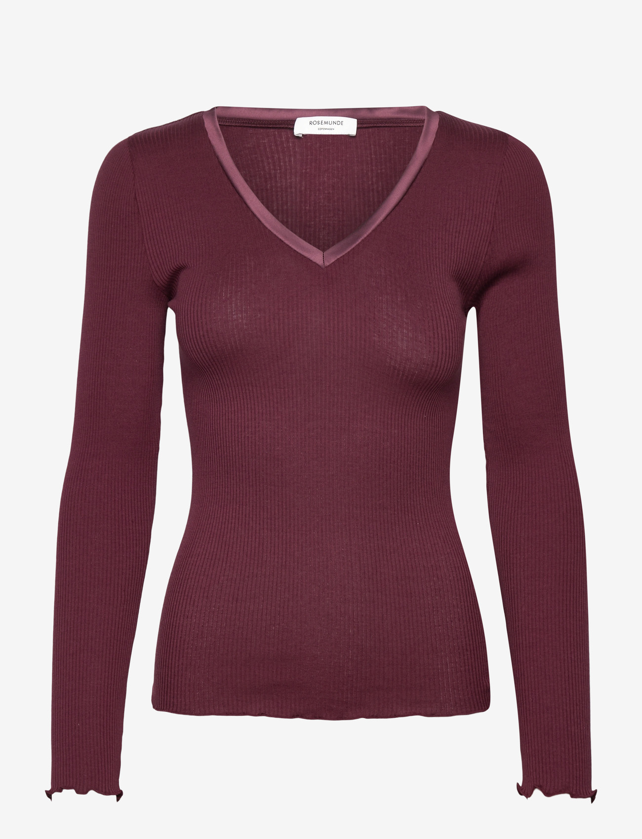 Rosemunde - RWBeatha Silk V-Neck Satin Tape T-s - long-sleeved tops - tawny port - 0