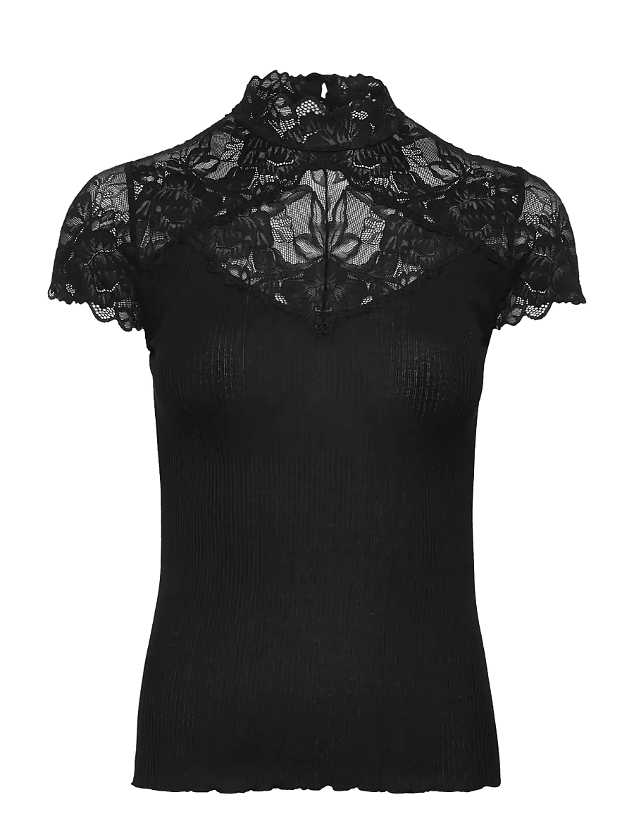 Rosemunde - RWBeatha Silk Capsleeve Lace T-shir - t-shirty - black - 0
