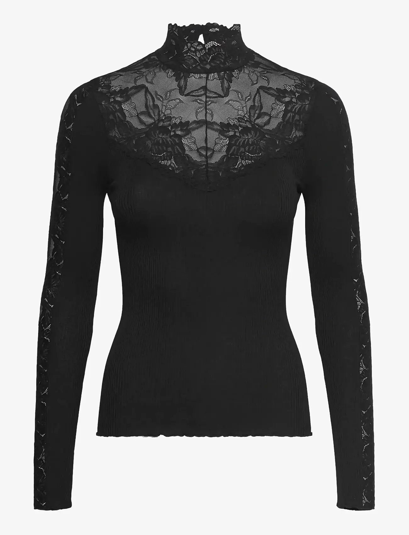 Rosemunde - RWBeatha Silk LS Lace T-neck T-shir - polotröjor - black - 0
