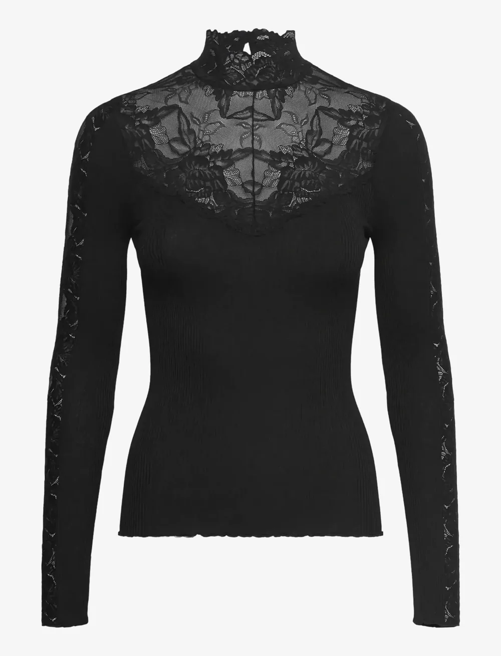 Rosemunde - RWBeatha Silk LS Lace T-neck T-shir - langærmede toppe - black - 0