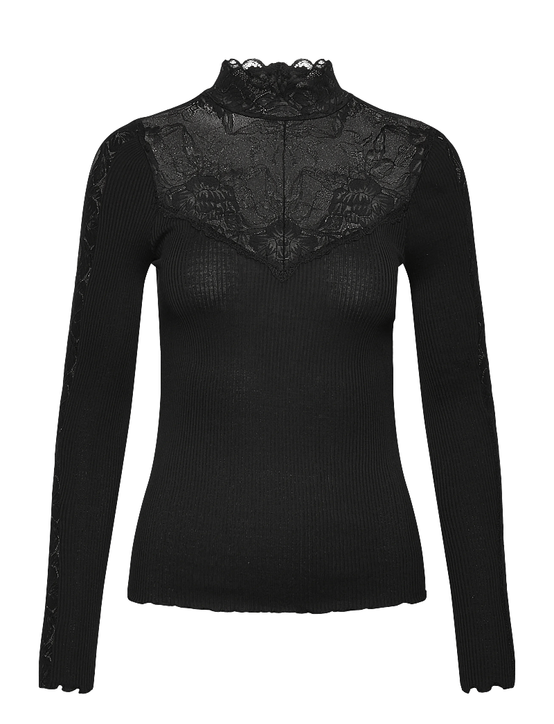 Rosemunde - RWBeatha Silk LS Lace T-neck T-shir - hauts à manches longues - black - 0
