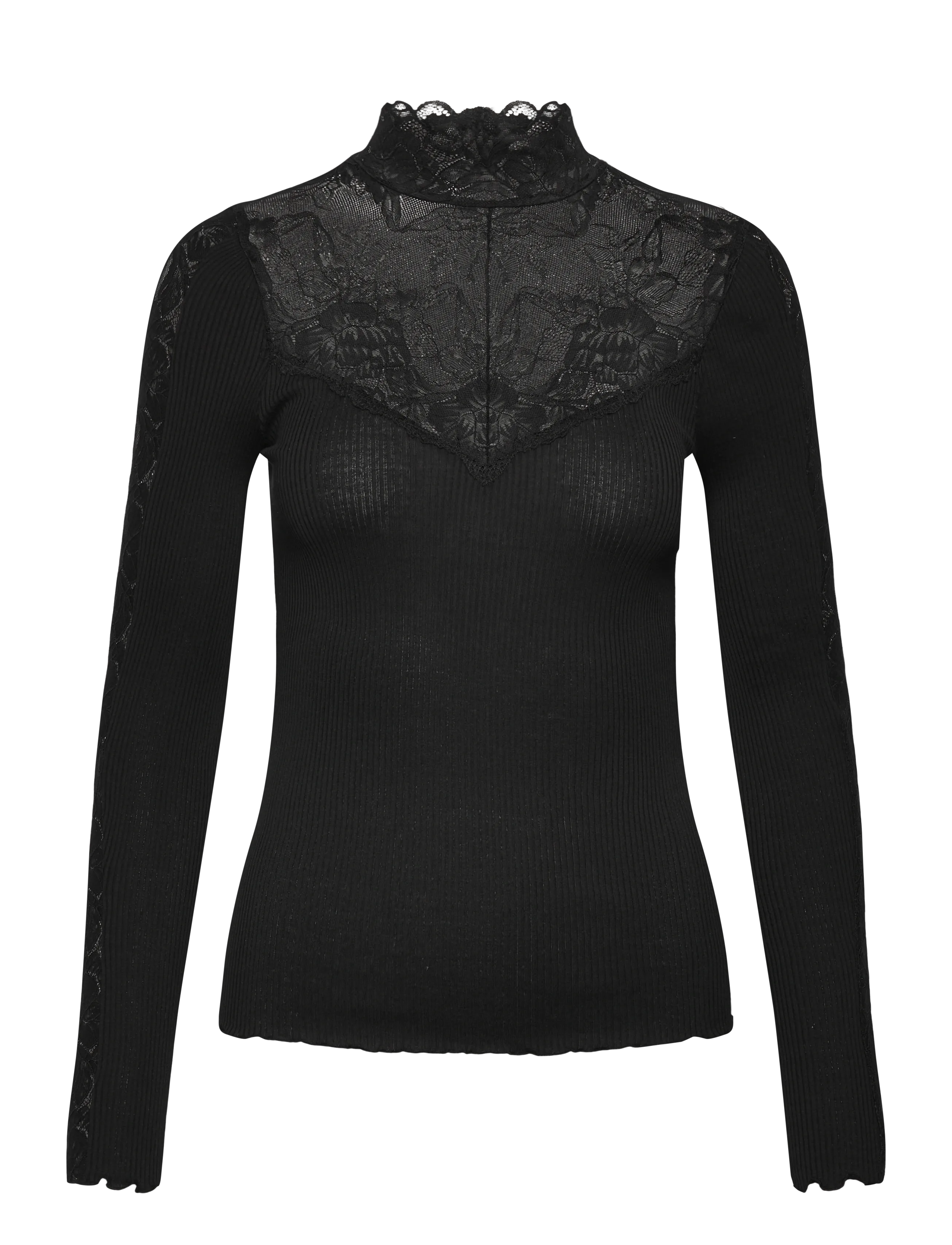 Rosemunde RWBeatha Silk LS Lace T-neck T-shir - Tøj - BLACK / black
