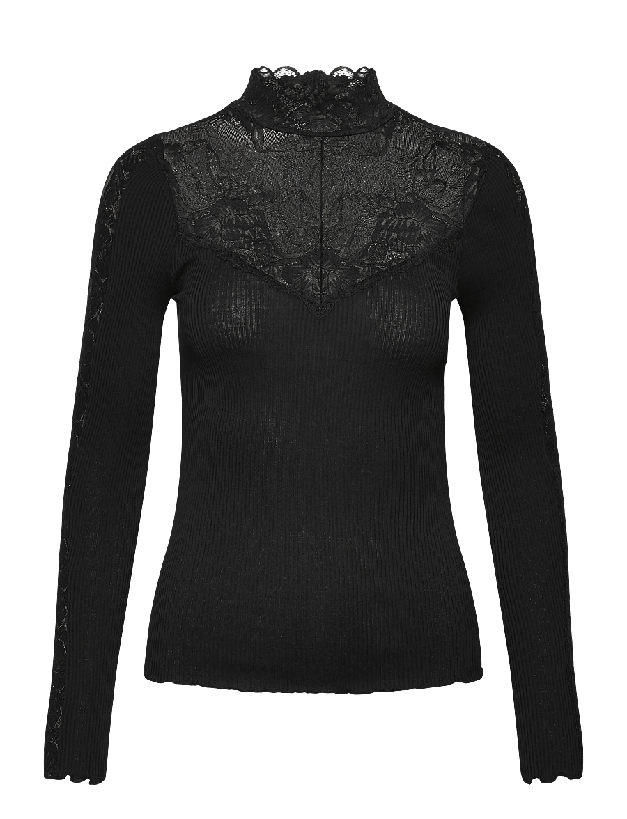 Rosemunde - RWBeatha Silk LS Lace T-neck T-shir - langärmlige tops - black - 0