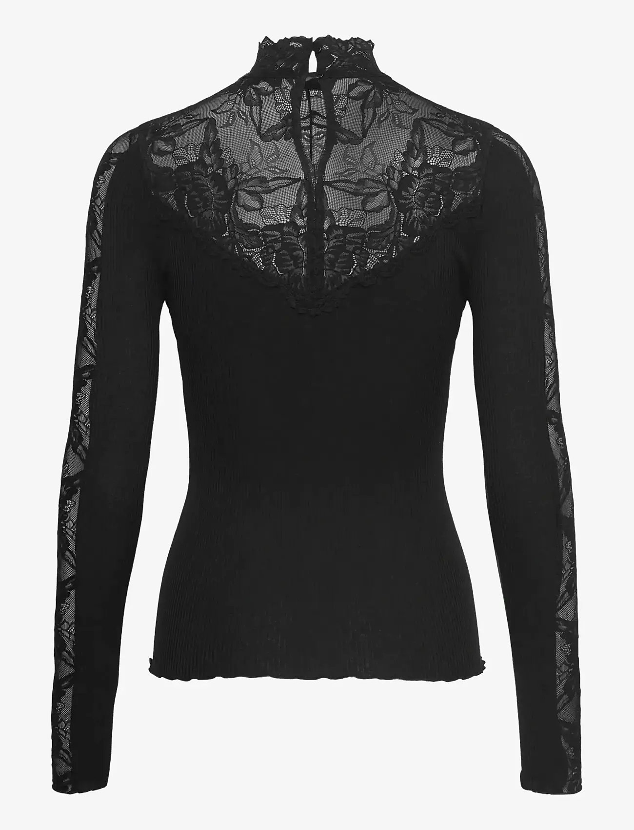 Rosemunde - RWBeatha Silk LS Lace T-neck T-shir - polotröjor - black - 1