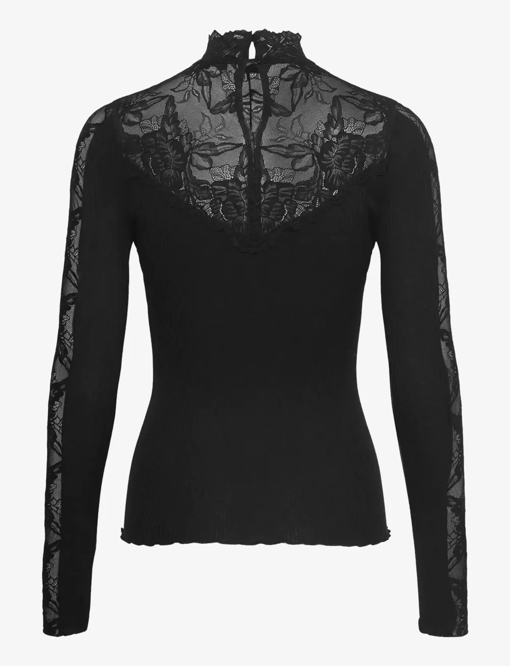 Rosemunde - RWBeatha Silk LS Lace T-neck T-shir - langærmede toppe - black - 1