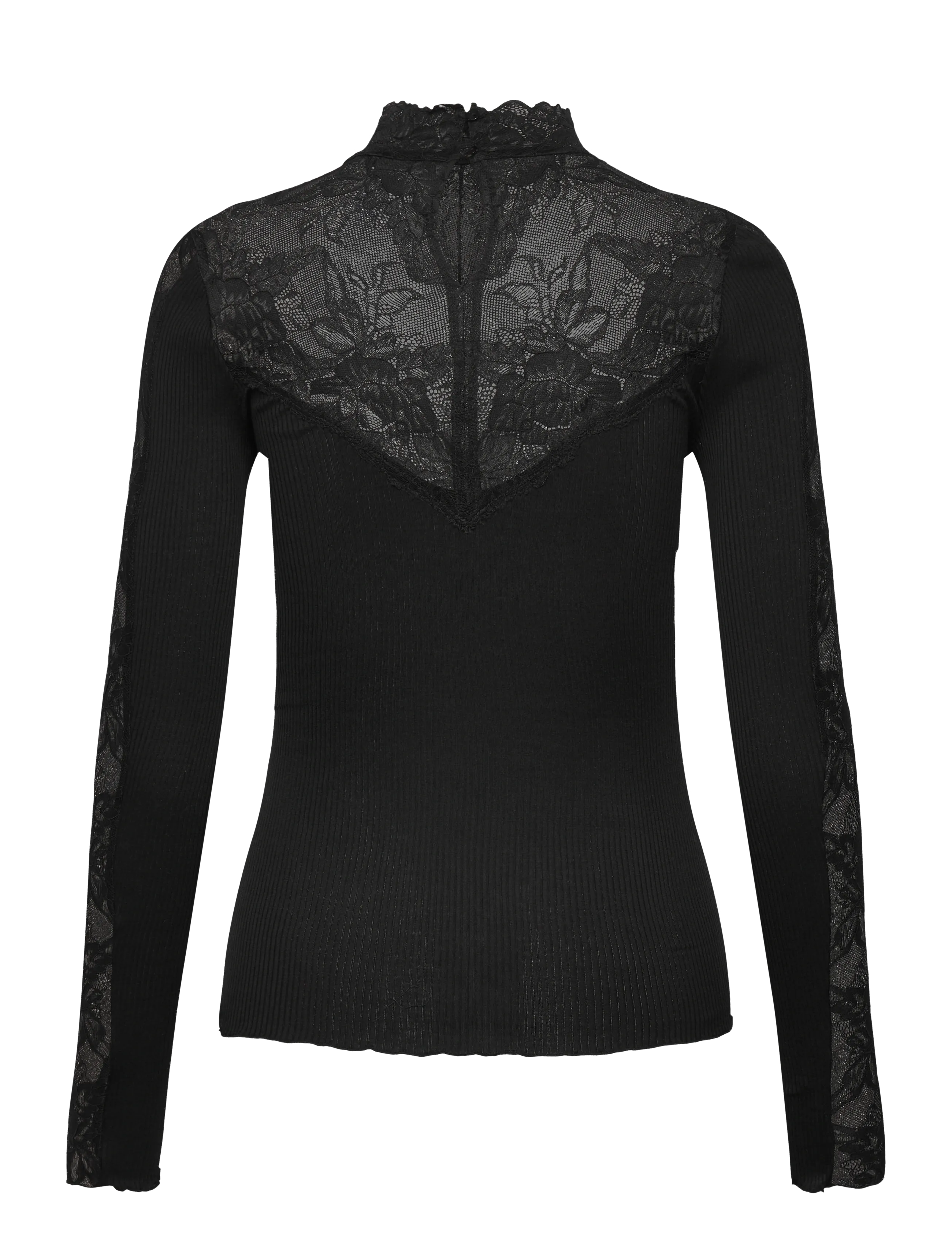 Rosemunde - RWBeatha Silk LS Lace T-neck T-shir - langärmlige tops - black - 1