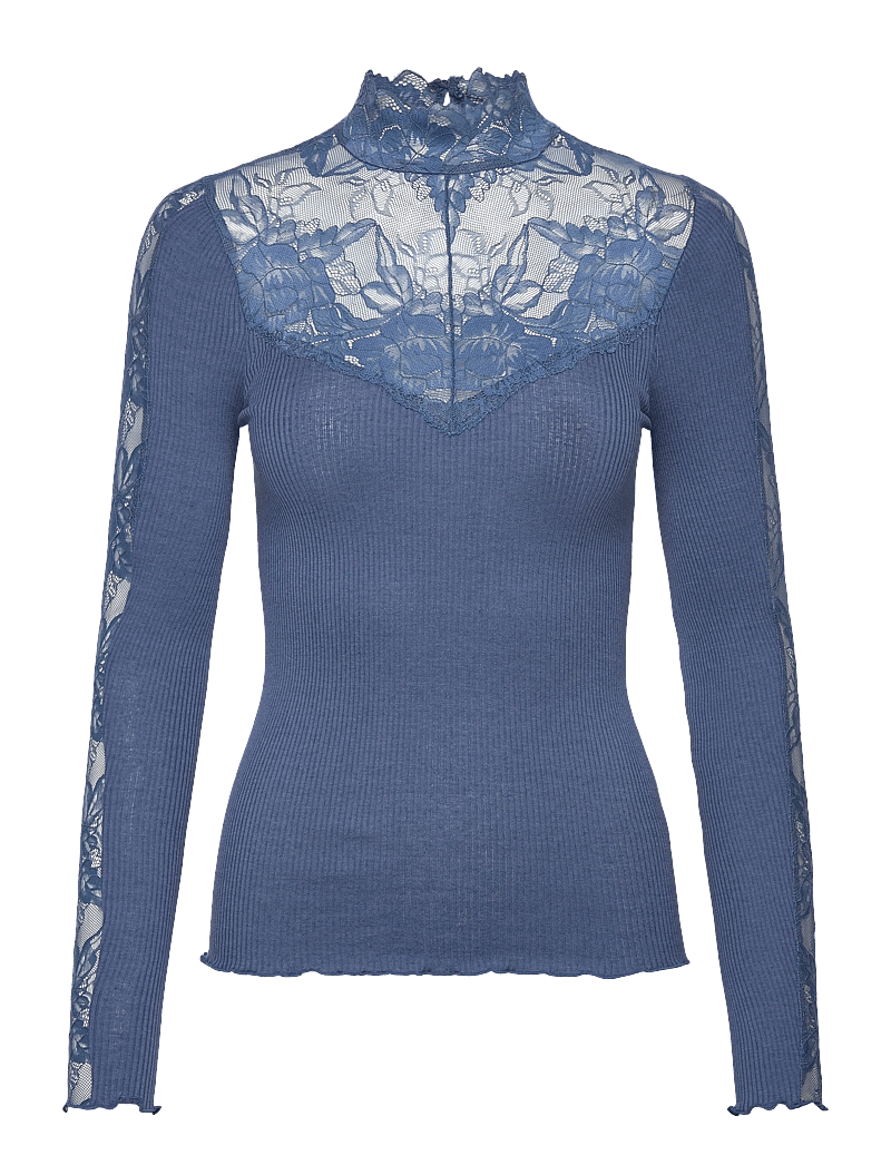Rosemunde - RWBeatha Silk LS Lace T-neck T-shir - polotröjor - ensign blue - 0