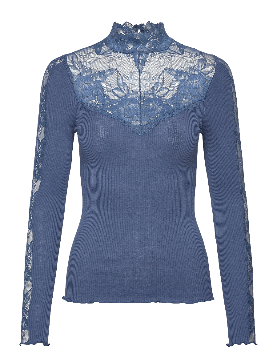 Rosemunde - RWBeatha Silk LS Lace T-neck T-shir - hauts à manches longues - ensign blue - 1