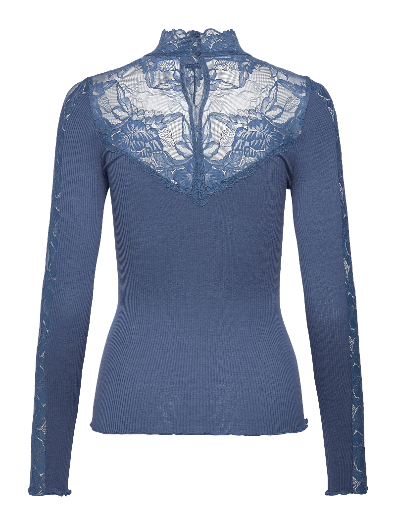 Rosemunde - RWBeatha Silk LS Lace T-neck T-shir - polotröjor - ensign blue - 1