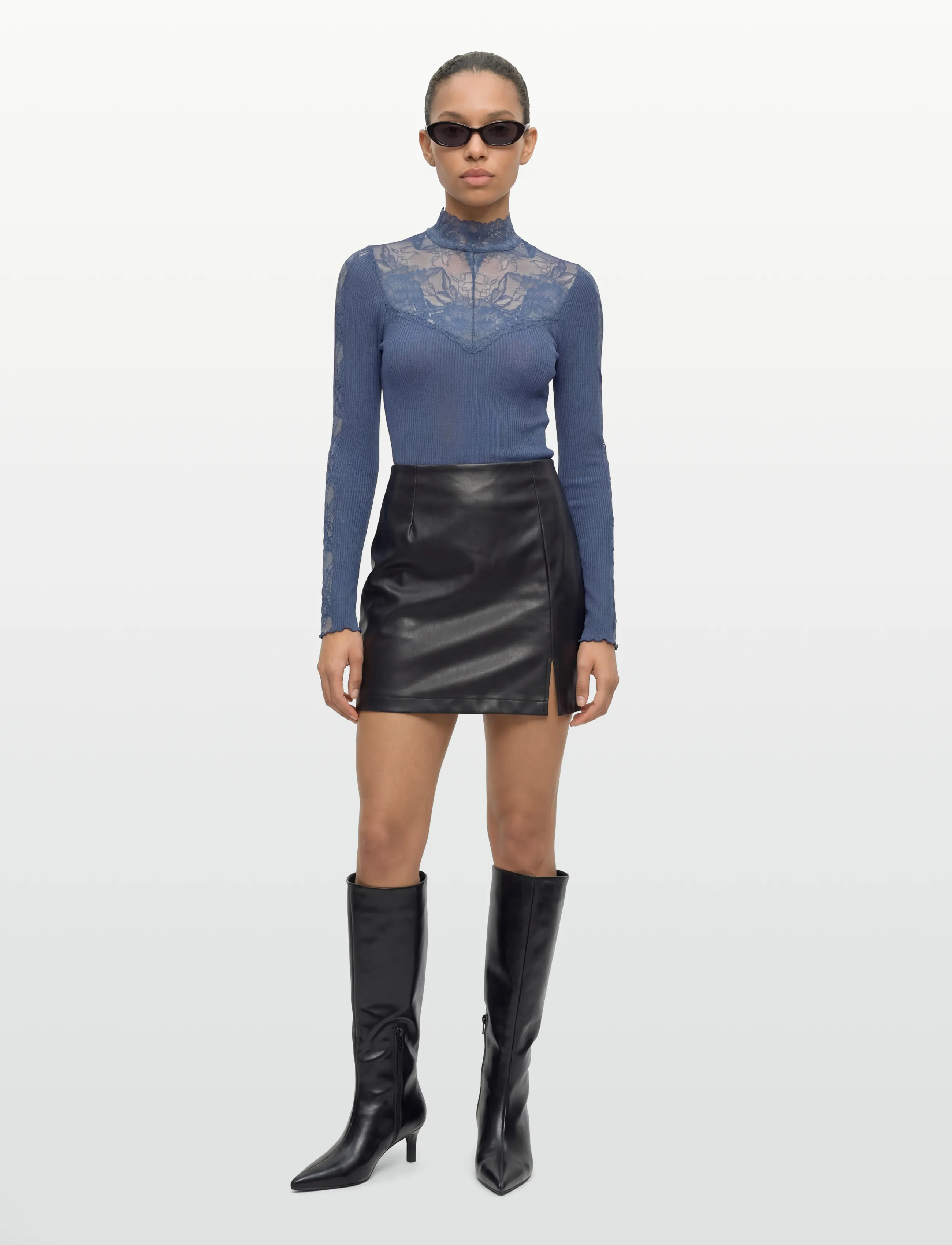 Rosemunde Rwbeatha Silk Ls Lace T-Neck T-Shir, M, Blue, T-Shirts & Toppe > Langærmede, Dame