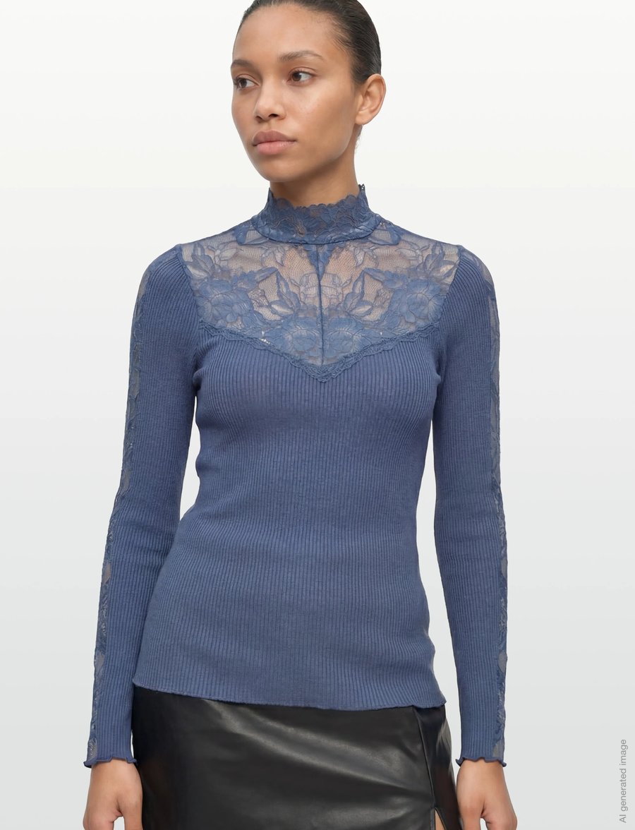 Rosemunde - RWBeatha Silk LS Lace T-neck T-shir - hauts à manches longues - ensign blue - 3