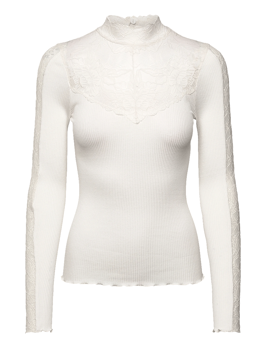 Rosemunde - RWBeatha Silk LS Lace T-neck T-shir - langærmede toppe - ivory - 1