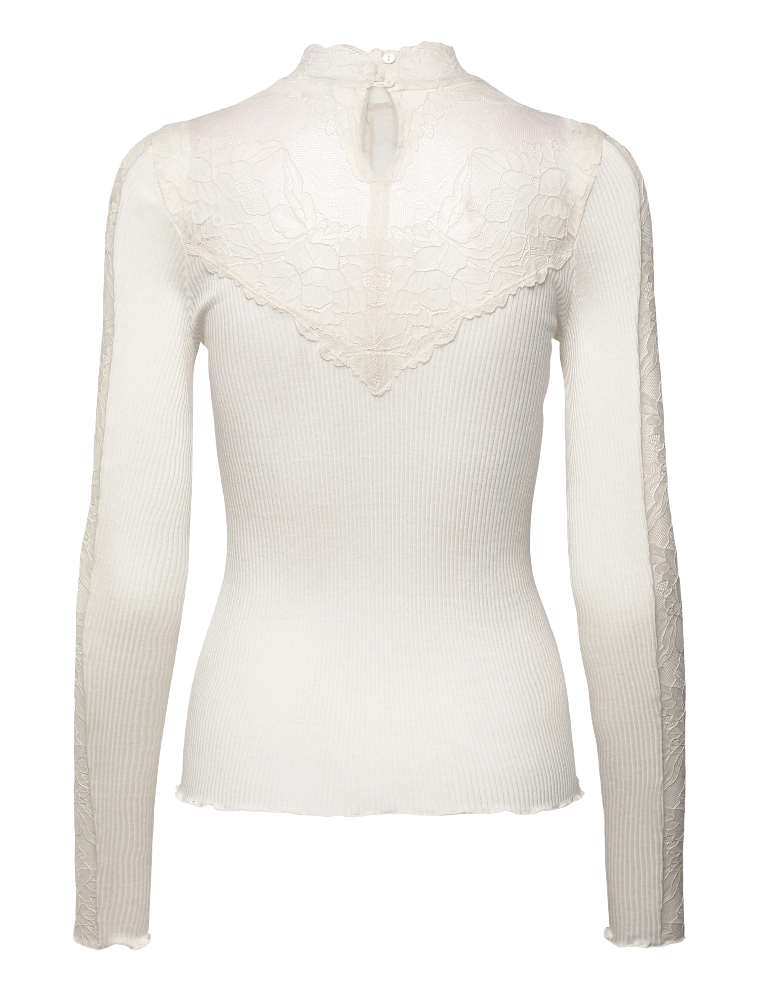 Rosemunde - RWBeatha Silk LS Lace T-neck T-shir - langærmede toppe - ivory - 2
