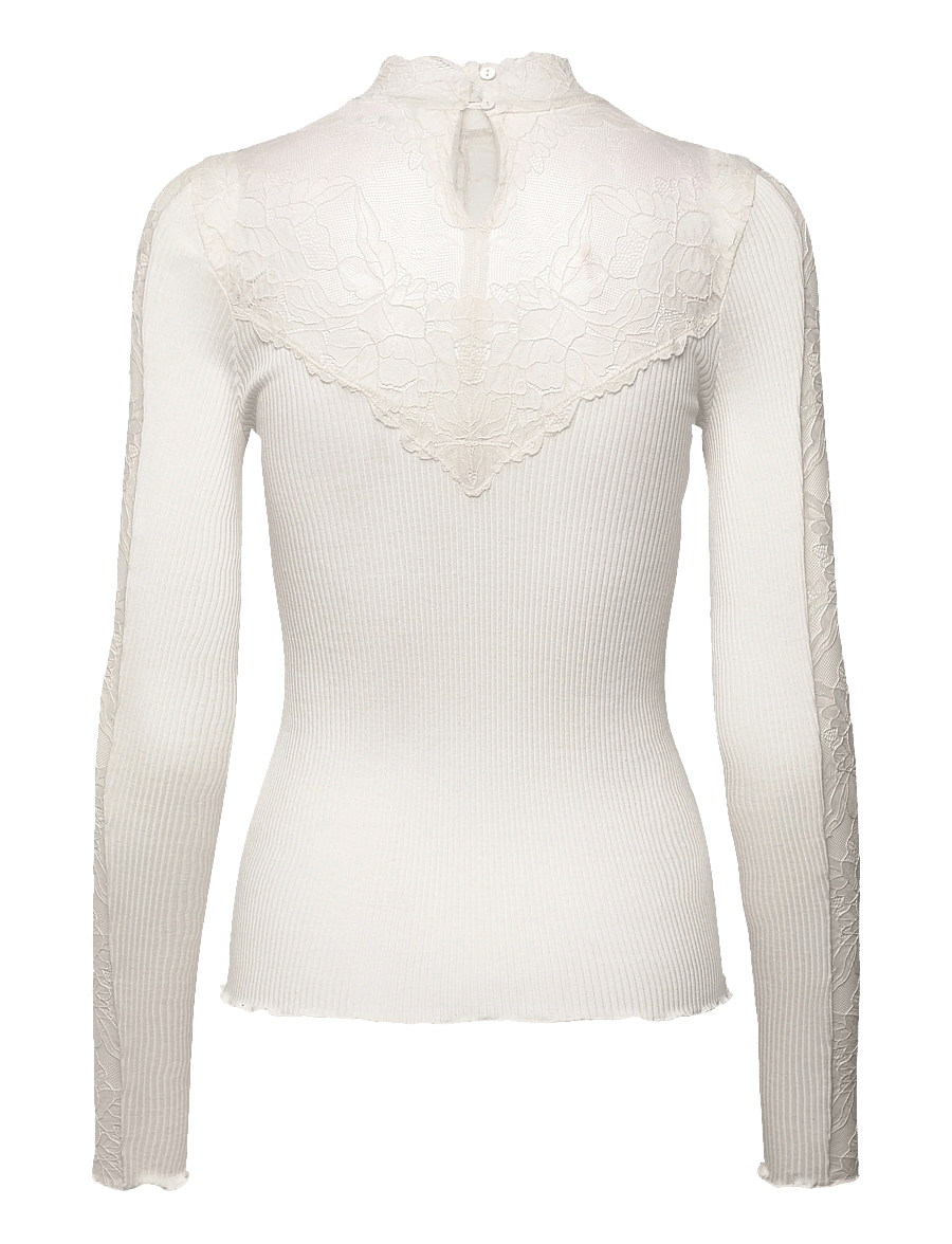 Rosemunde - RWBeatha Silk LS Lace T-neck T-shir - langærmede toppe - ivory - 2