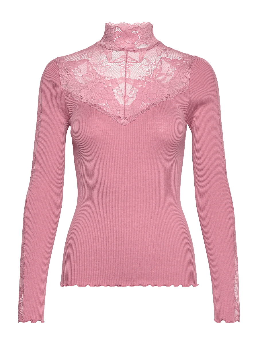 Rosemunde - RWBeatha Silk LS Lace T-neck T-shir - langærmede toppe - nostalgia rose - 0