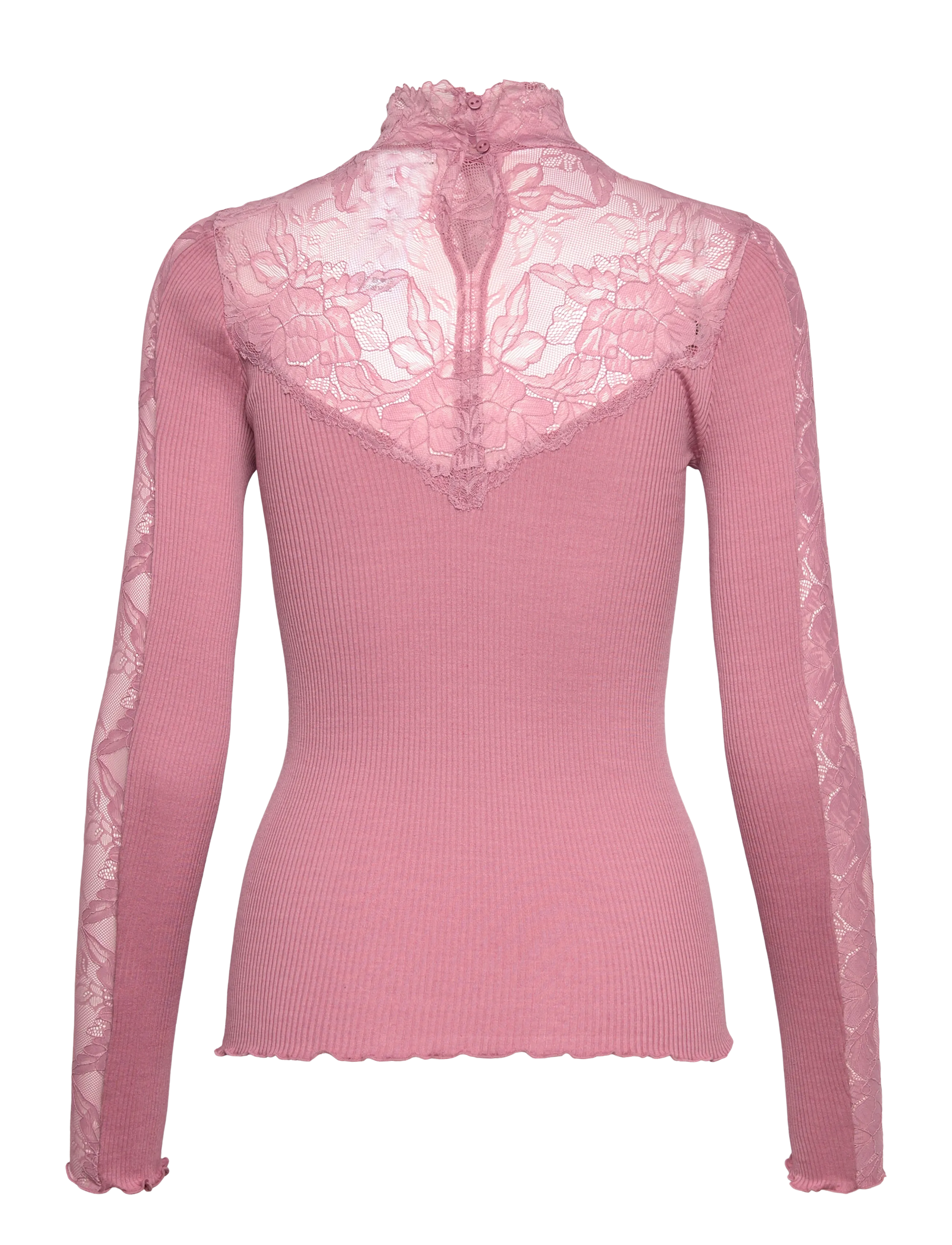Rosemunde - RWBeatha Silk LS Lace T-neck T-shir - long-sleeved tops - nostalgia rose - 1
