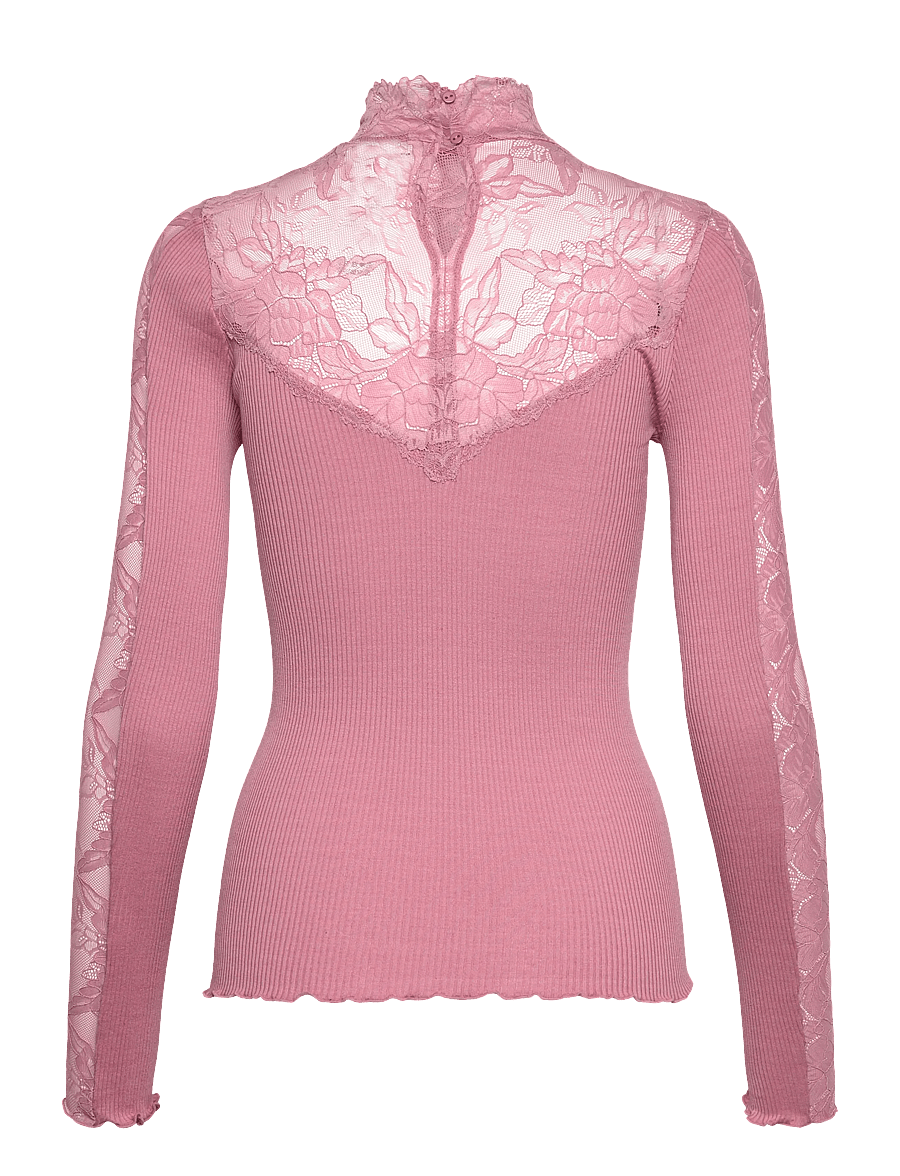 Rosemunde - RWBeatha Silk LS Lace T-neck T-shir - langærmede toppe - nostalgia rose - 1
