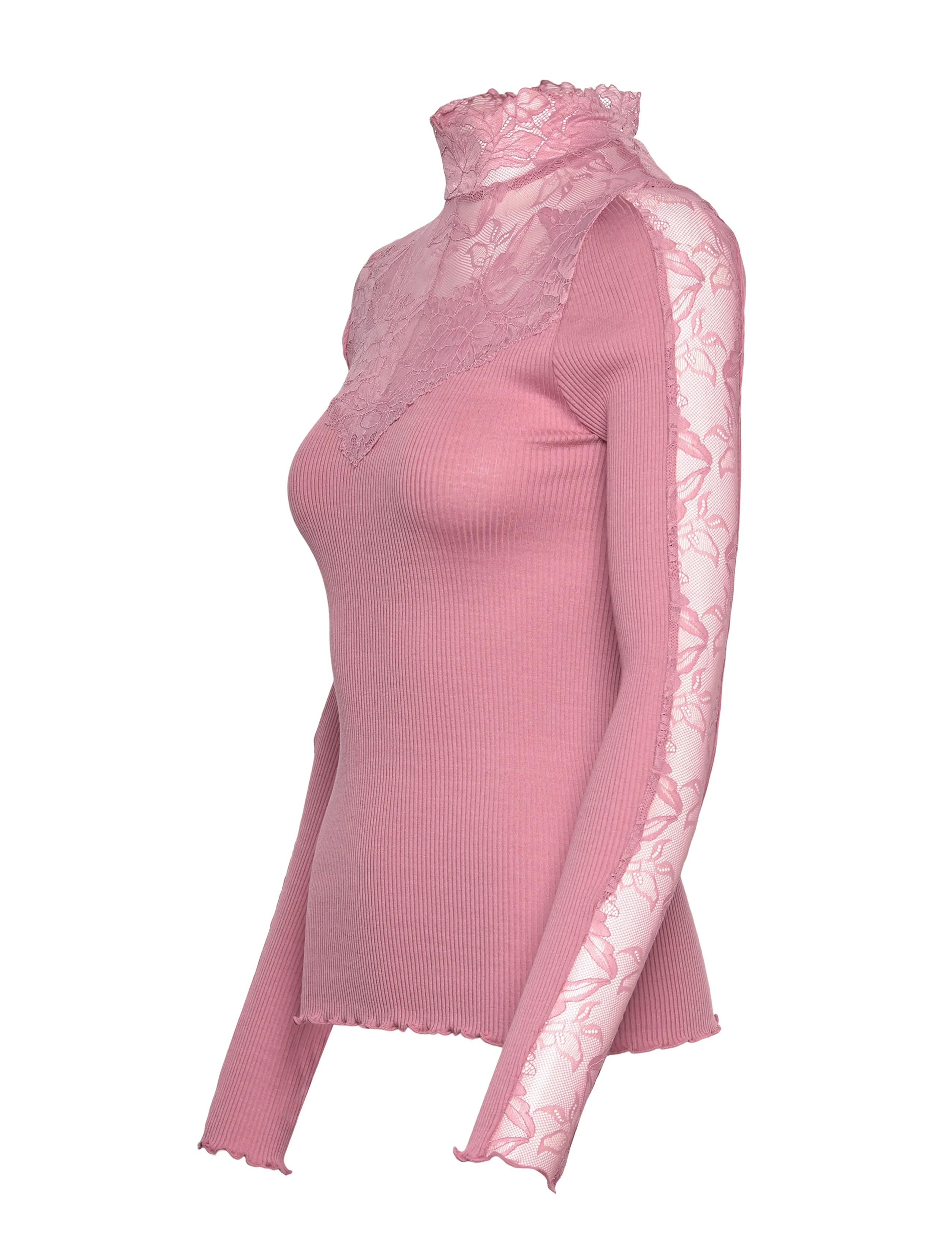 Rosemunde - RWBeatha Silk LS Lace T-neck T-shir - long-sleeved tops - nostalgia rose - 2
