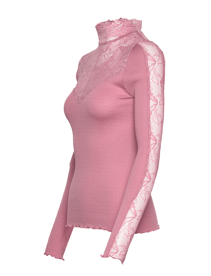 Rosemunde - RWBeatha Silk LS Lace T-neck T-shir - langærmede toppe - nostalgia rose - 2