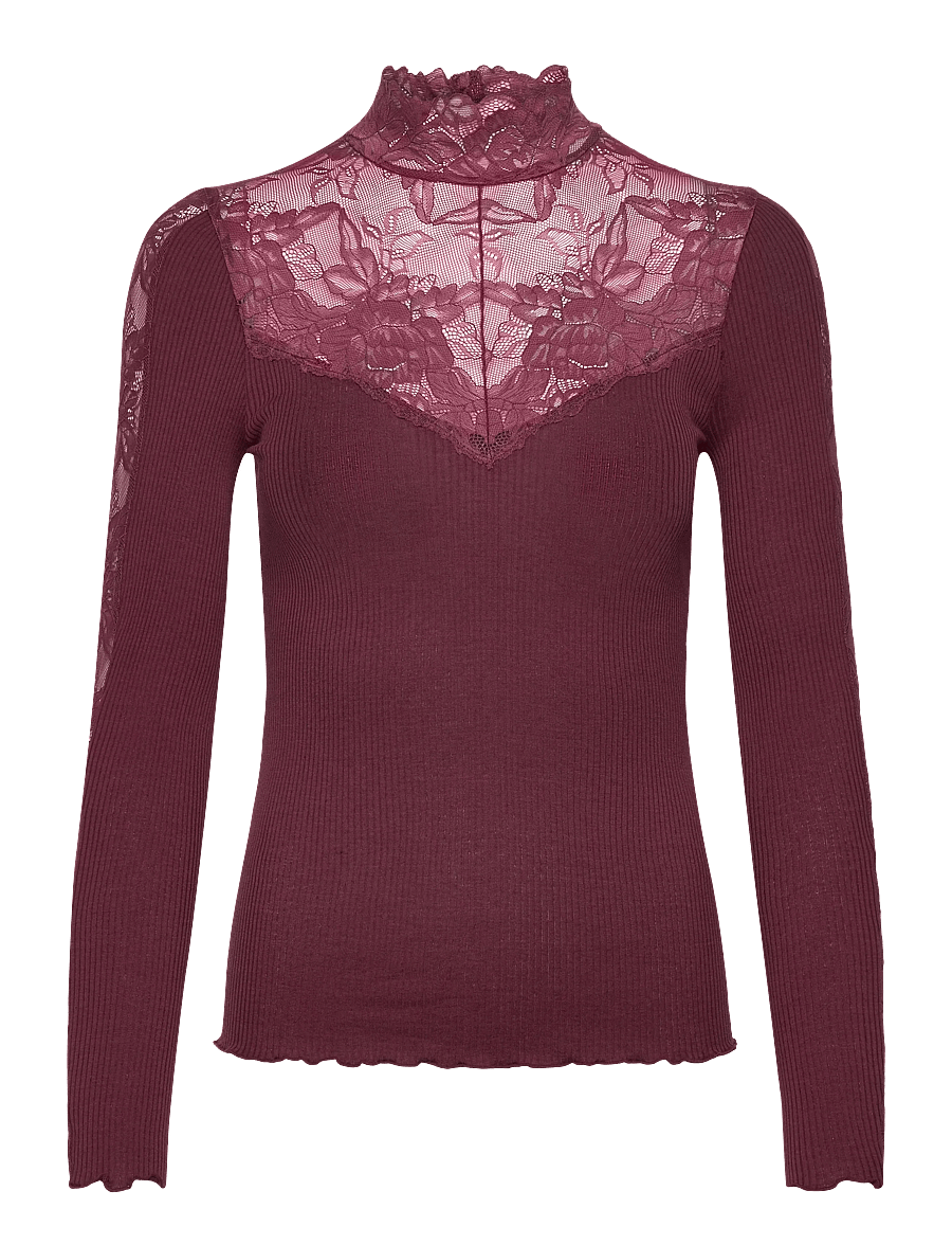 Rosemunde - RWBeatha Silk LS Lace T-neck T-shir - langærmede toppe - tawny port - 0