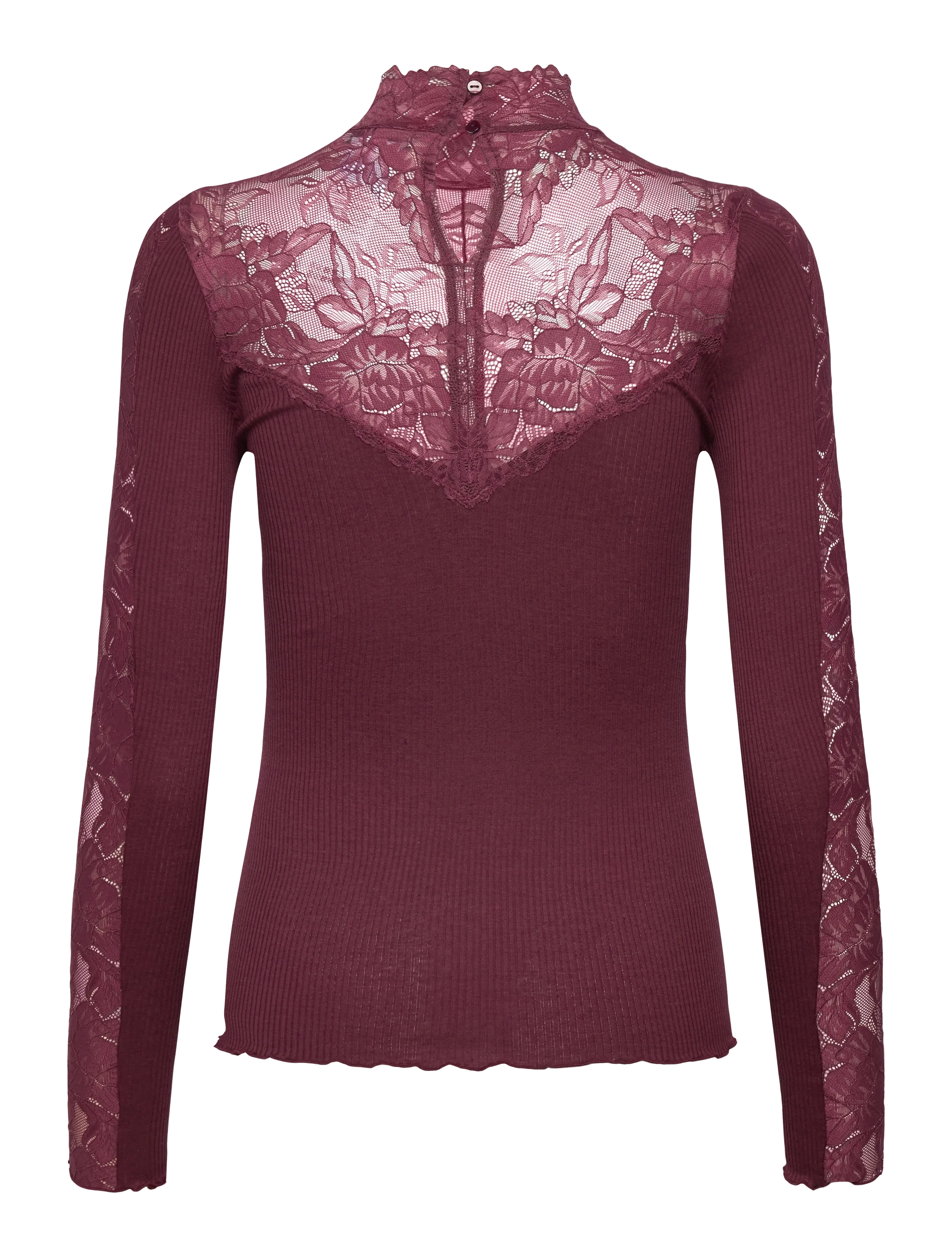 Rosemunde - RWBeatha Silk LS Lace T-neck T-shir - langærmede toppe - tawny port - 1