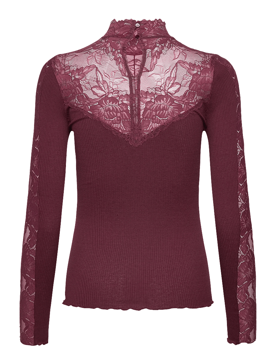 Rosemunde - RWBeatha Silk LS Lace T-neck T-shir - langærmede toppe - tawny port - 1