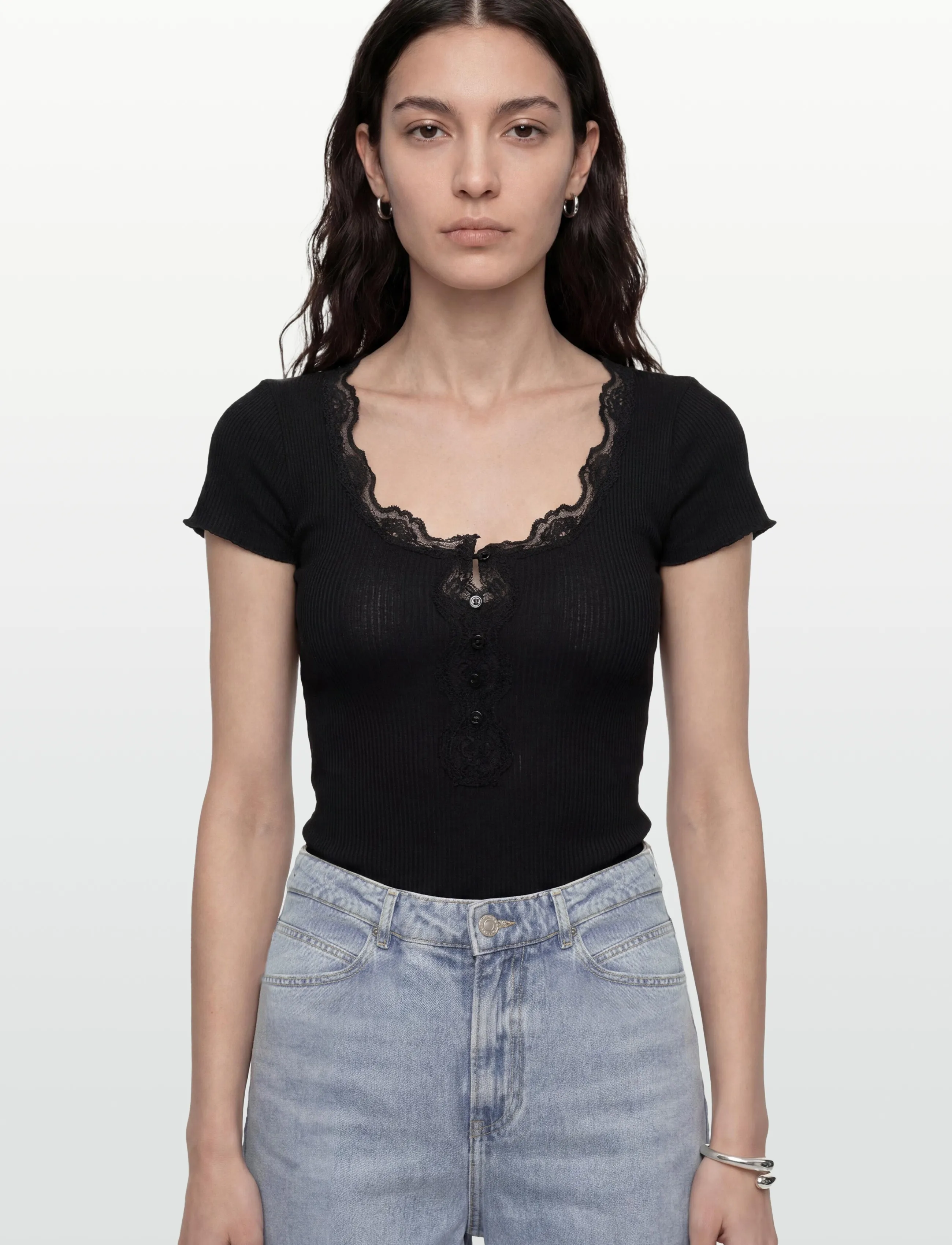 Rosemunde - RWBeatha Silk Capsleeve Button T-shirt - t-shirts - black - 3