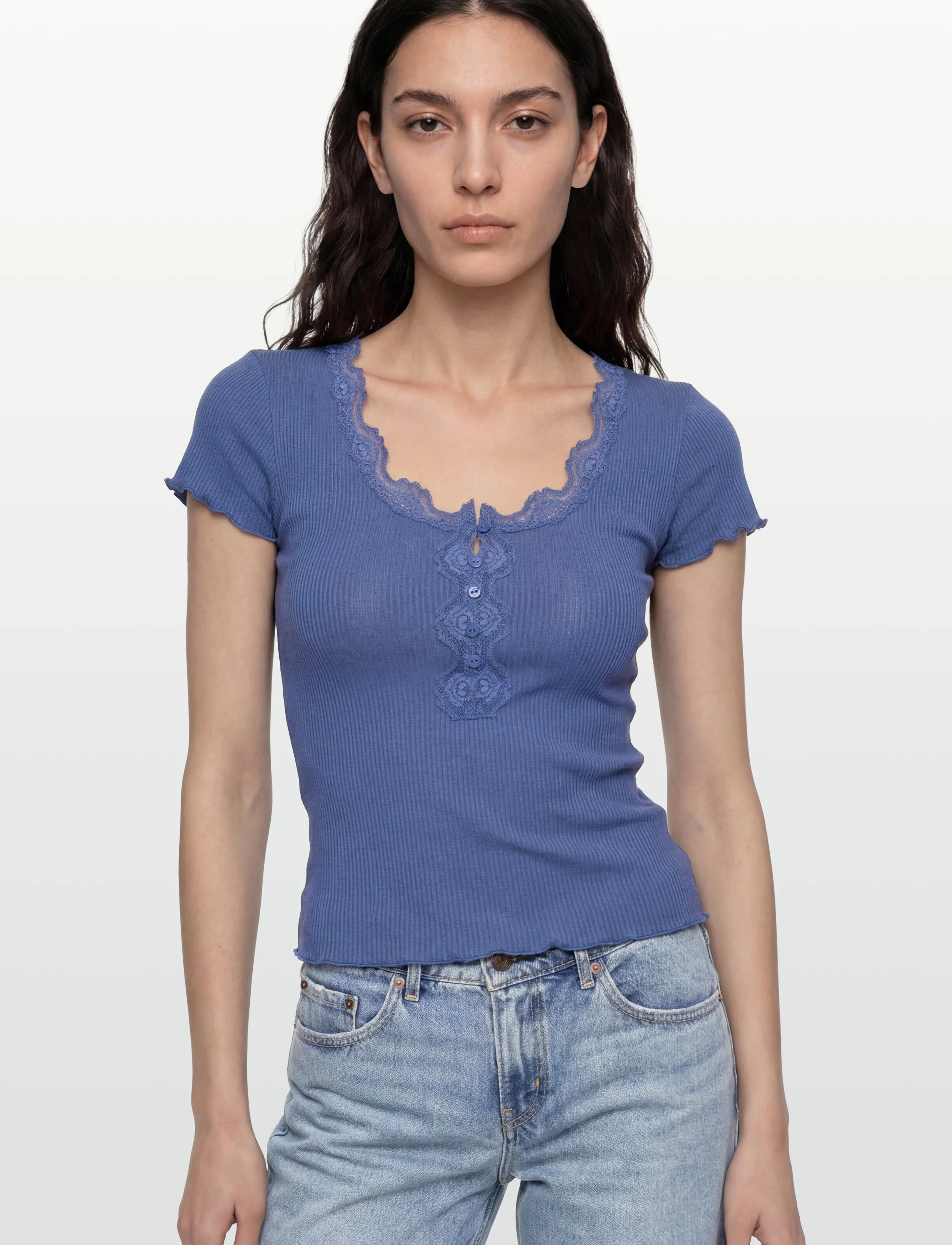 Rosemunde - RWBeatha Silk Capsleeve Button T-shirt - t-shirts - dutch blue - 3