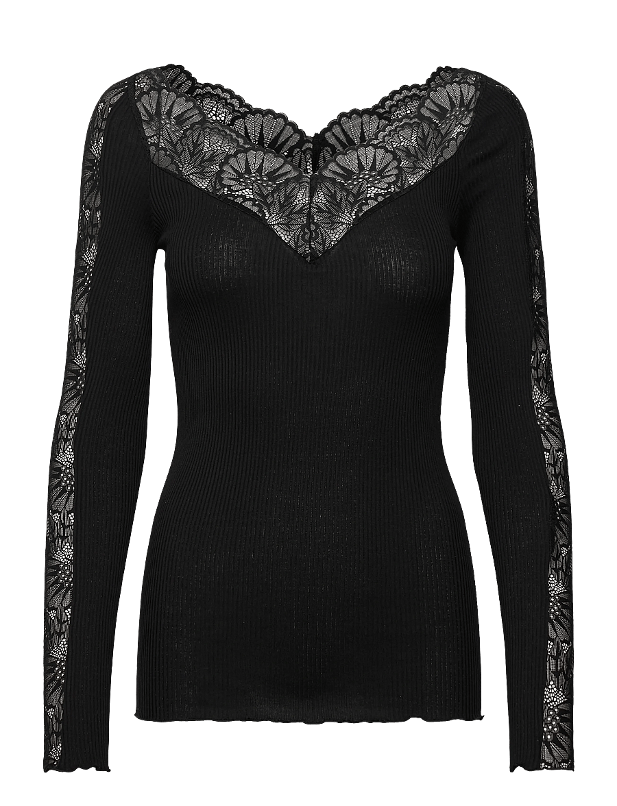 Rosemunde - RWBeatha Silk LS Lace T-shirt - langärmelige blusen - black - 1