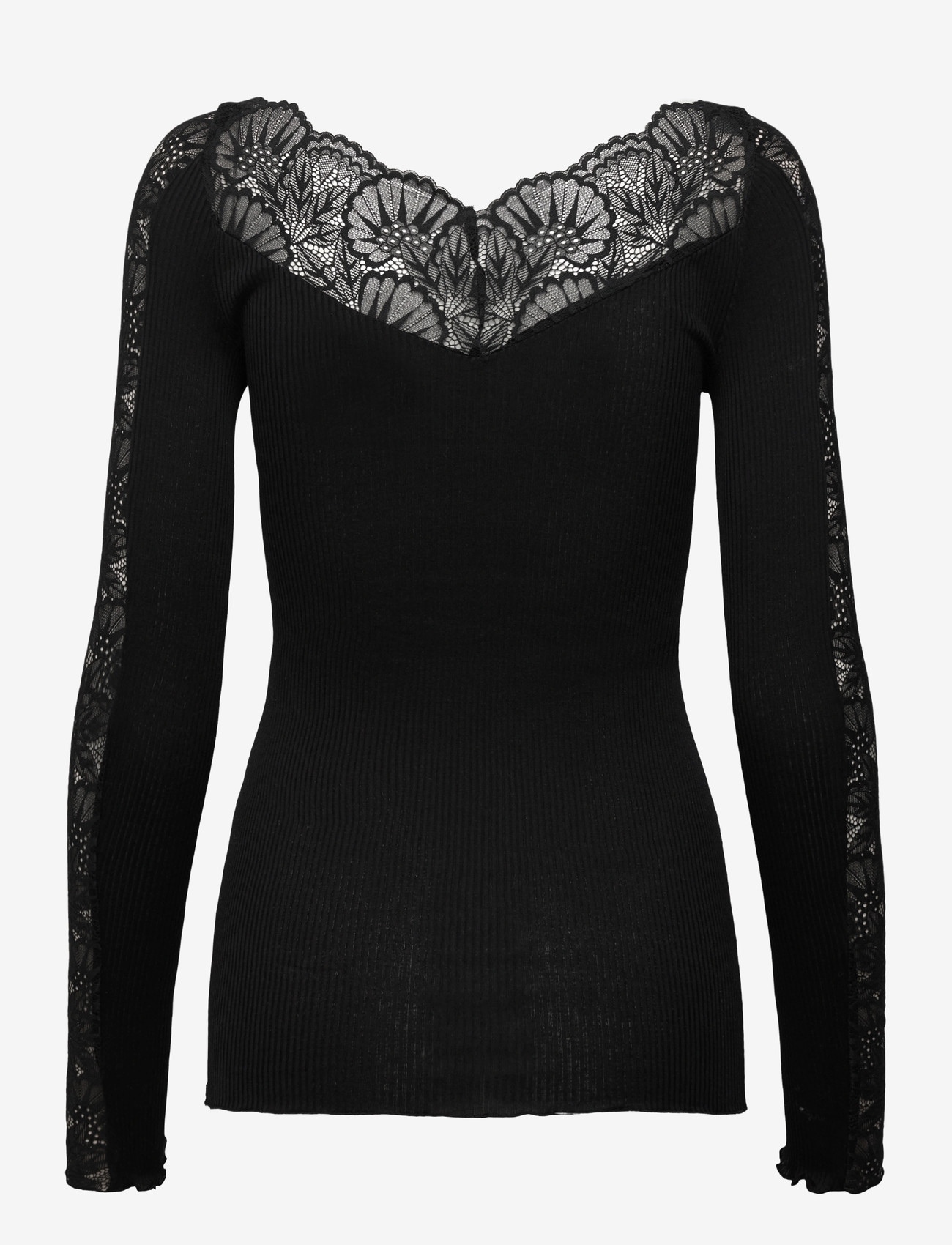 Rosemunde - RWBeatha Silk LS Lace T-shirt - långärmade blusar - black - 1