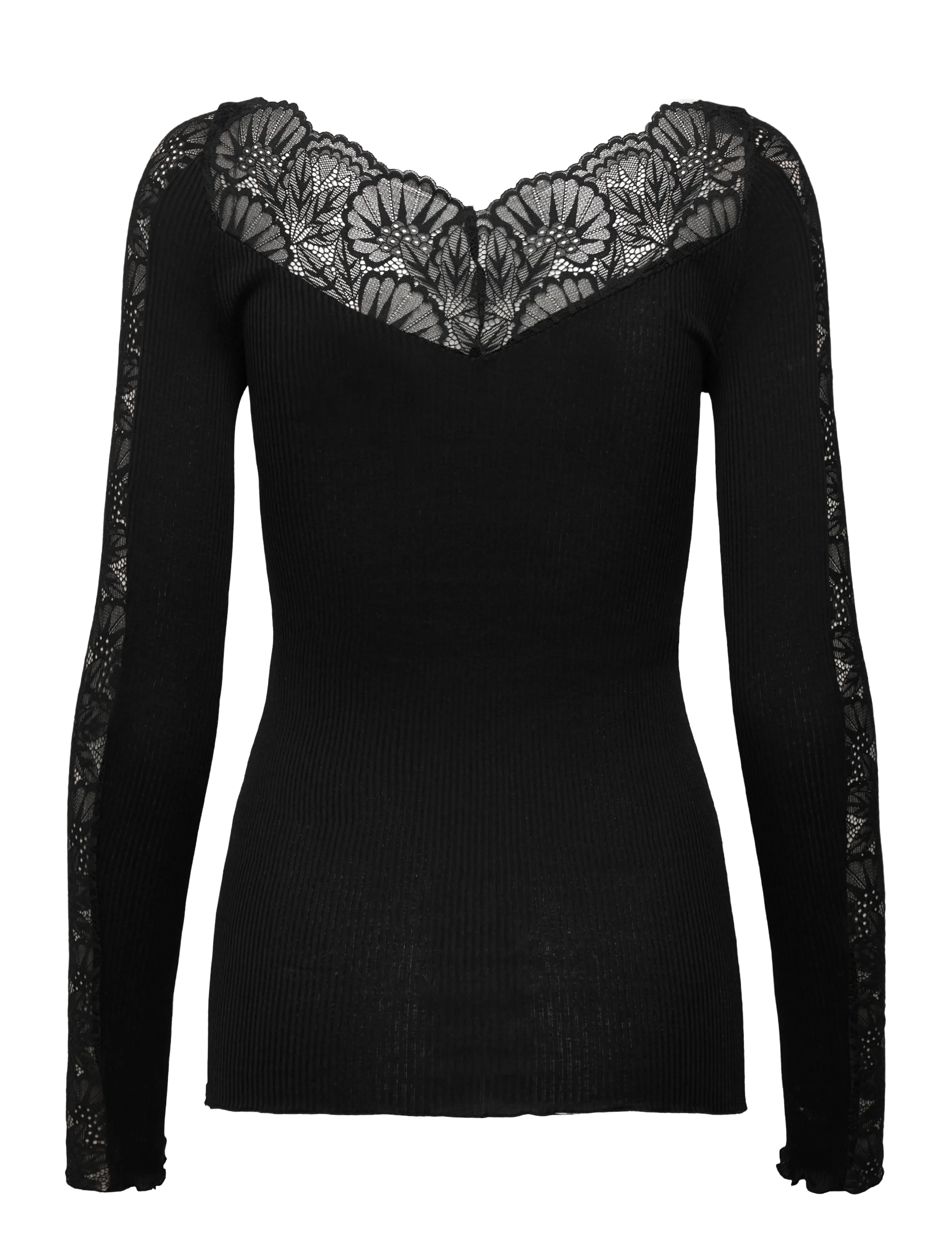 Rosemunde - RWBeatha Silk LS Lace T-shirt - langærmede bluser - black - 2