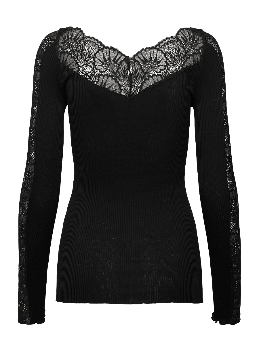 Rosemunde - RWBeatha Silk LS Lace T-shirt - langärmelige blusen - black - 2